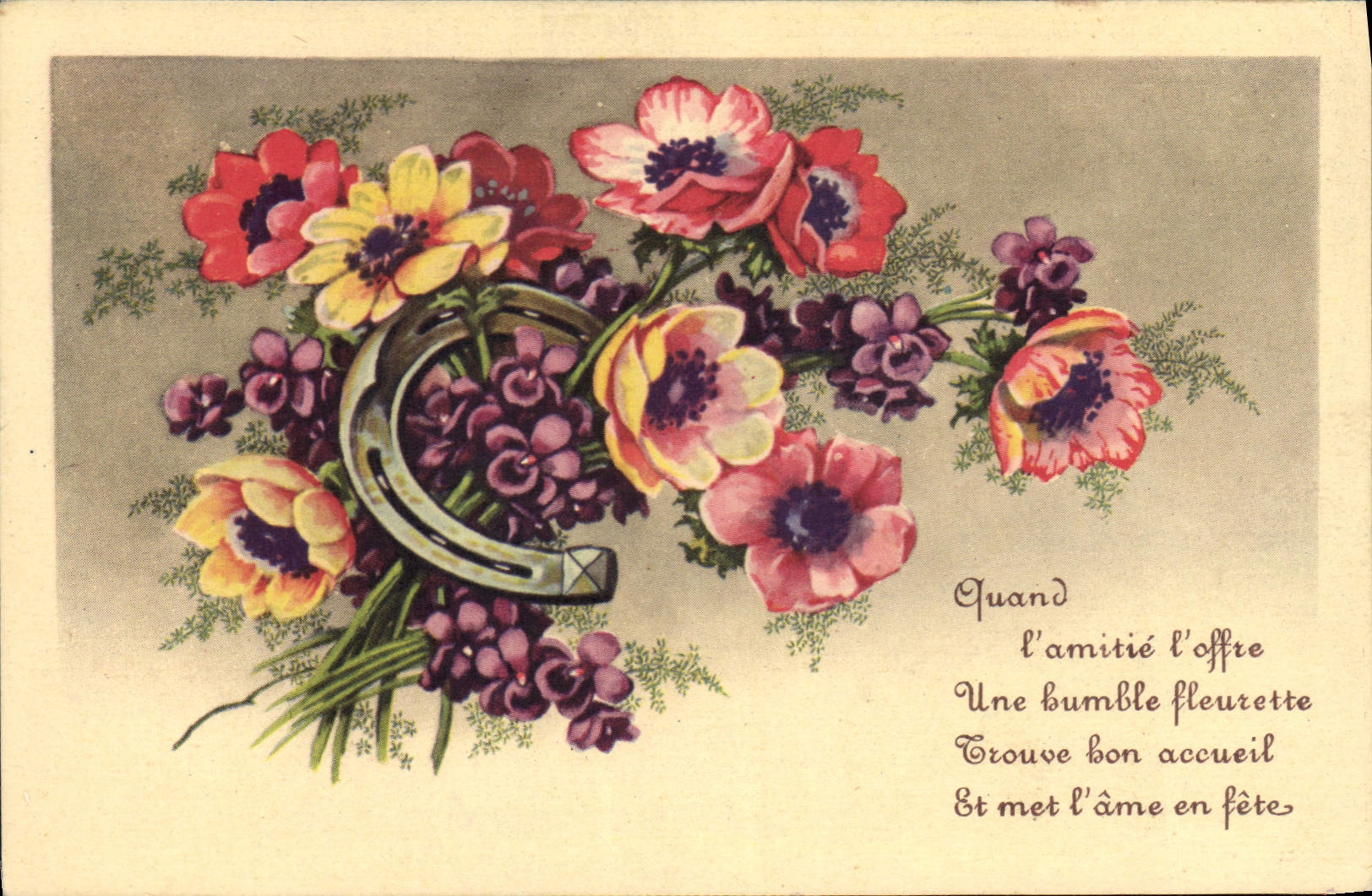CPA Quand l'amitie l'offre une lumbre fleurette trouve bon accueil et met l'ame en fete Fleurs Fer a