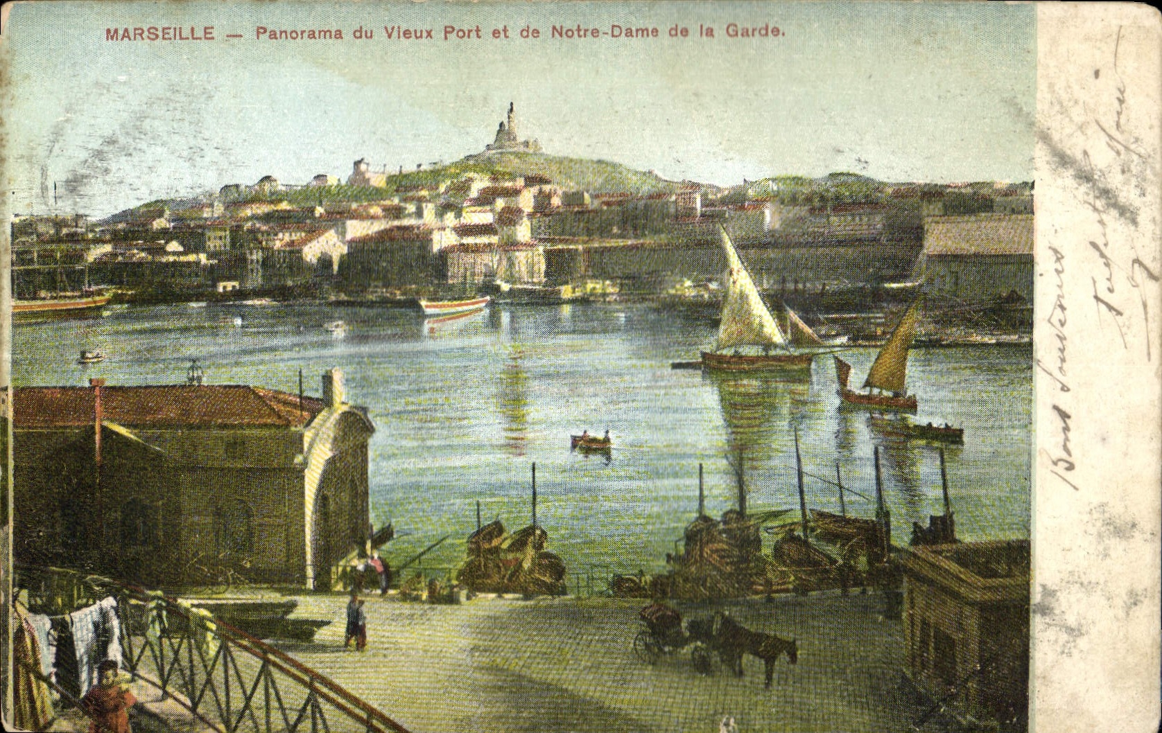 CPA Marseille Panorama du vieux Port et le Notre Dame de la Garde Bateaux
