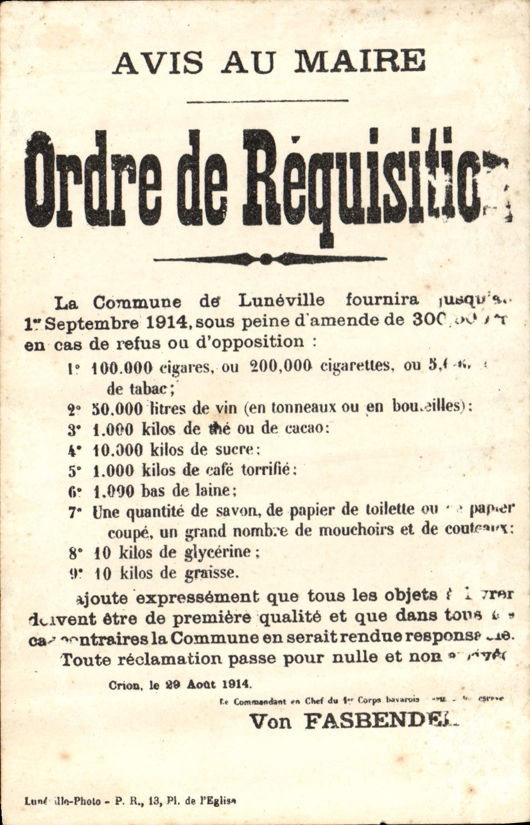 CPA Avis au Maire Ordre de Requisition Luneville
