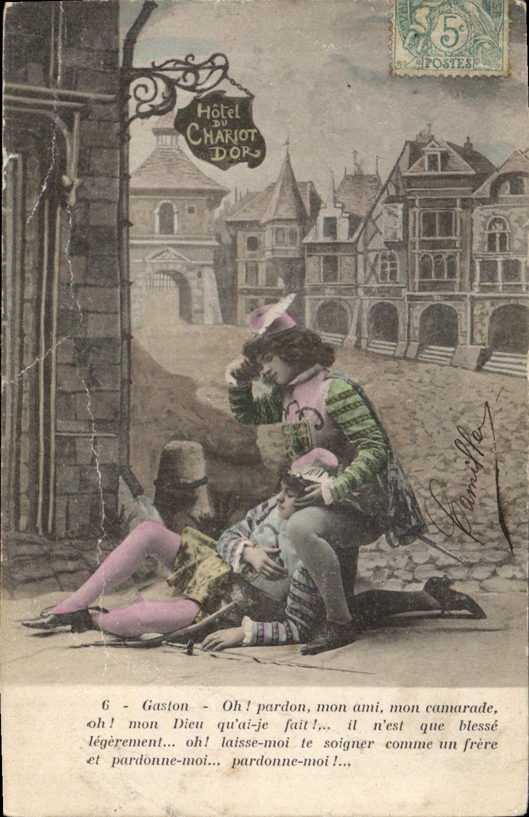 CPA Gaston Oh Pardon mon amie mon Camarade oh mon dieu qu'ai je fait il n'est que blesse legerement 