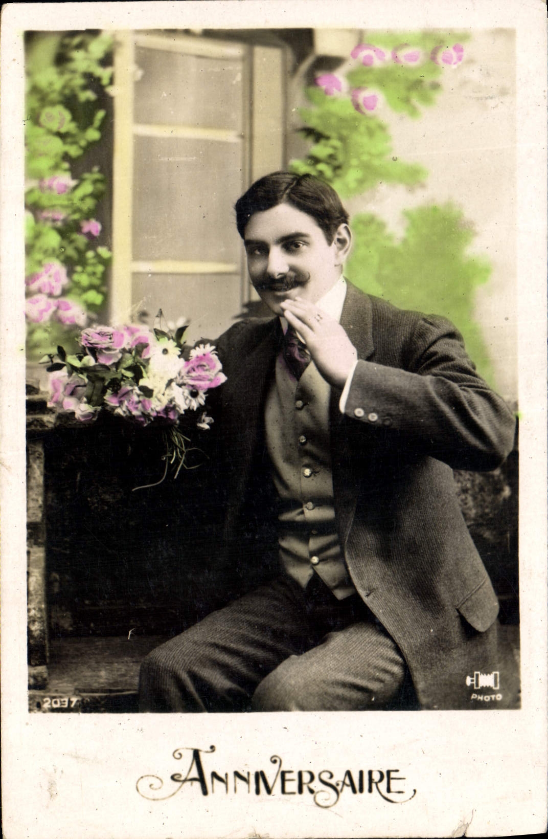 CPA Anniversaire Homme Fleurs