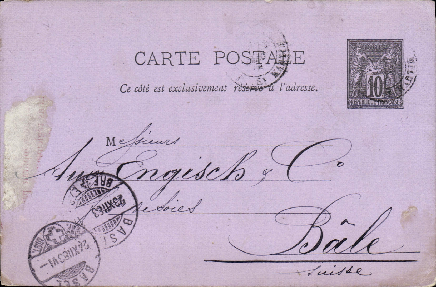 Entier Postal Sage 10c pour Bale Sisse 1883 Santois Lille