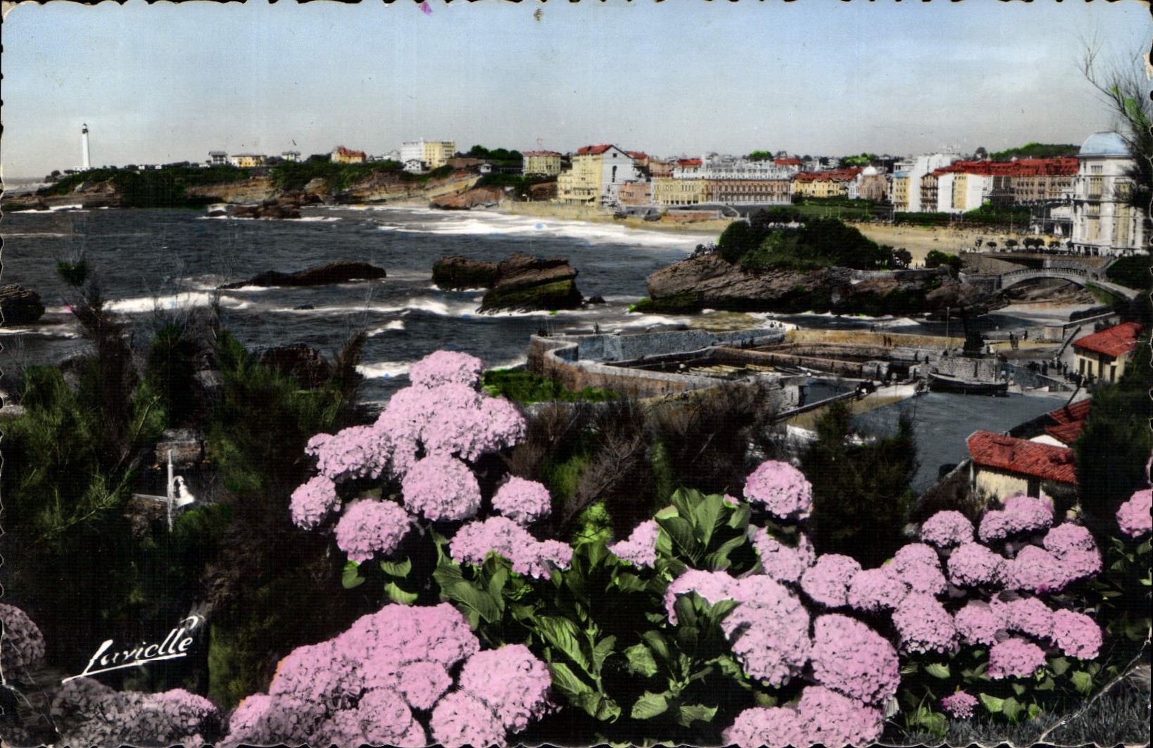 CPA Biarritz Les Hortensias et vue generale sur le Rocher du Basta la plage et le Phare 