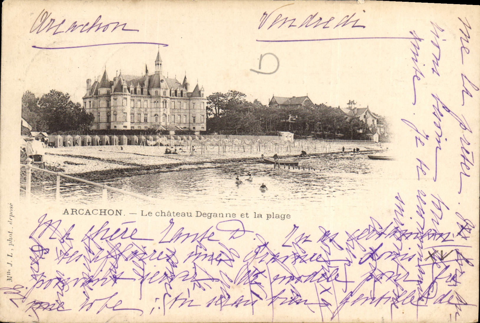 CPA Arcachon Le Chateau Deganne et la Plage Carte 1900