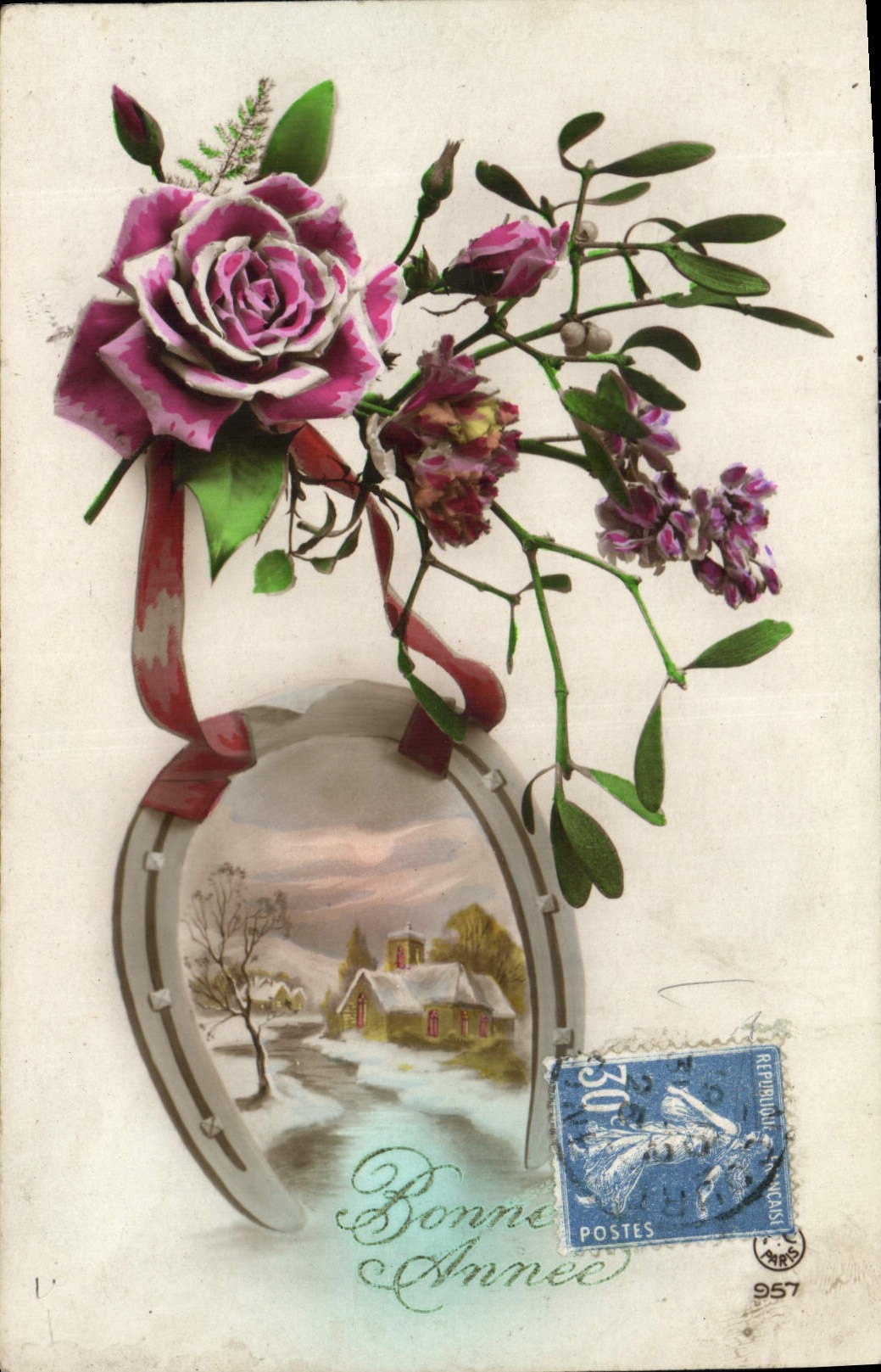CPA Bonne Annee Fleurs Fer a cheval