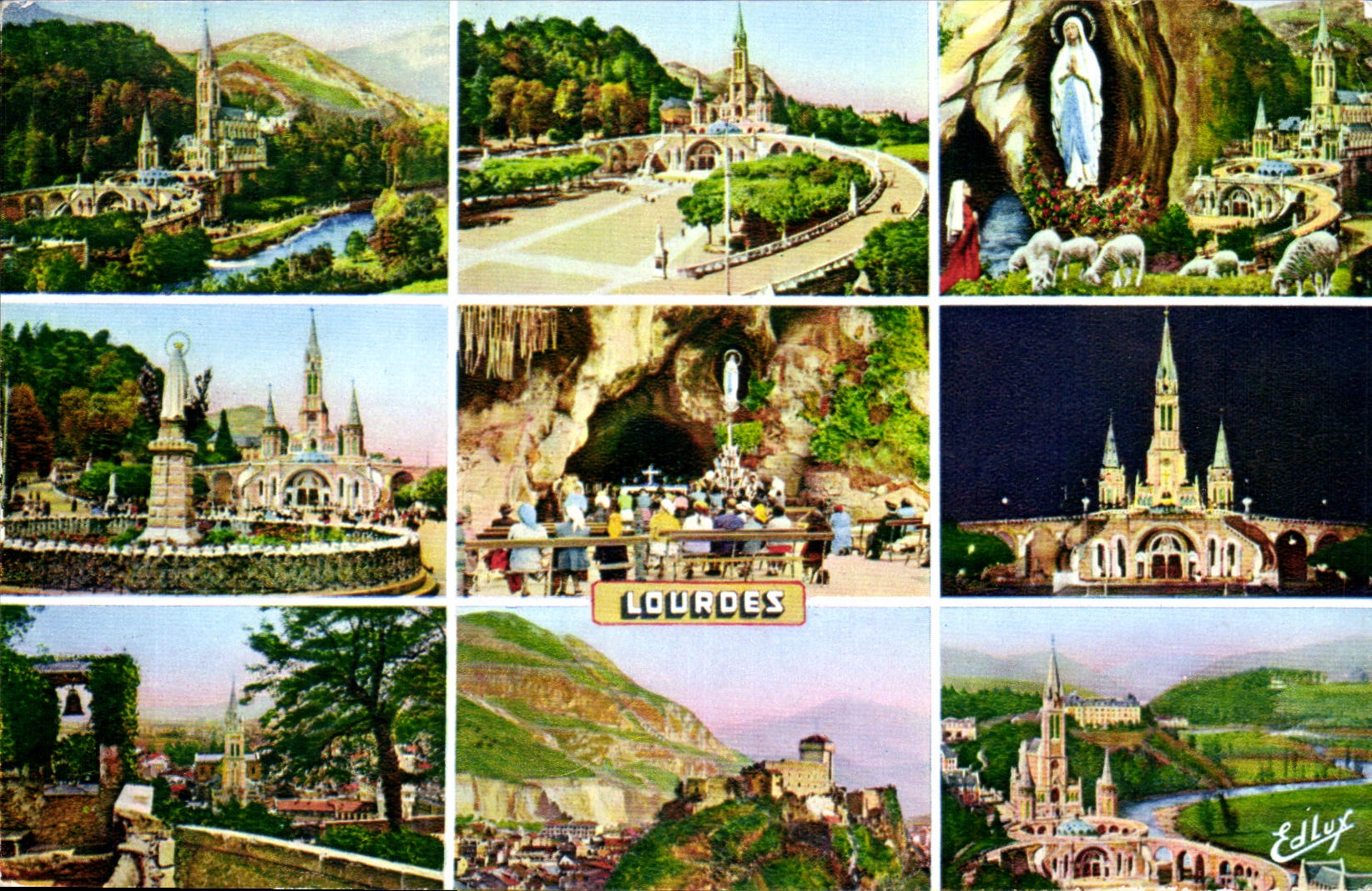 CPA Lourdes la Basilique l'Apparition la Vierge Couronnee la grotte Miraculeuse et le Chateau Fort 