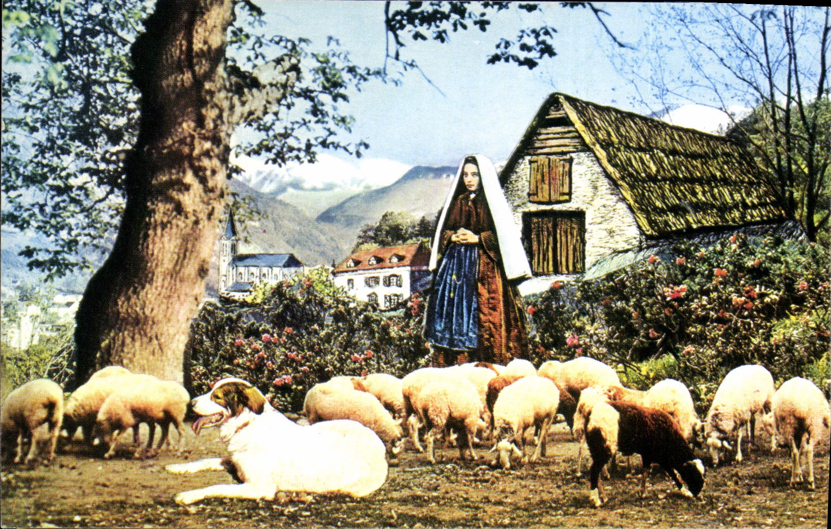 CPA Bartres a 4km de Lourdes Bernadette devant sa bergerie gardant les moutons 