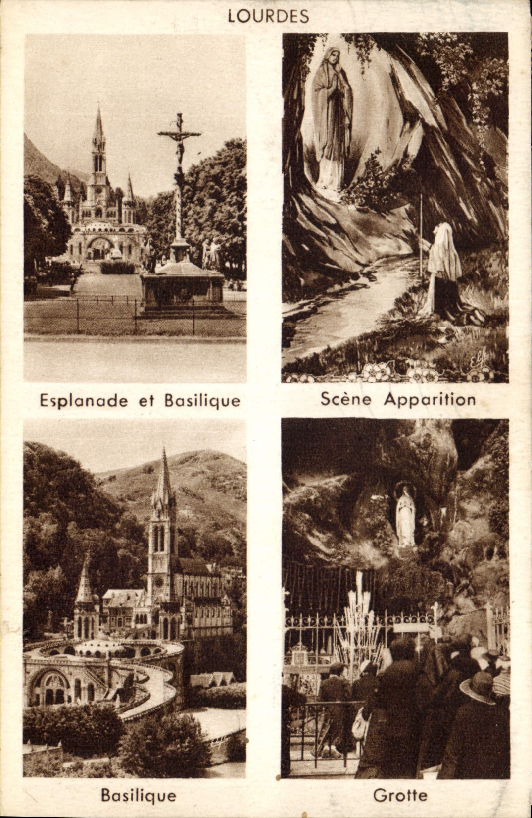 CPA Lourdes Esplanade et Basilique Scene Apparition Basilique Grotte 