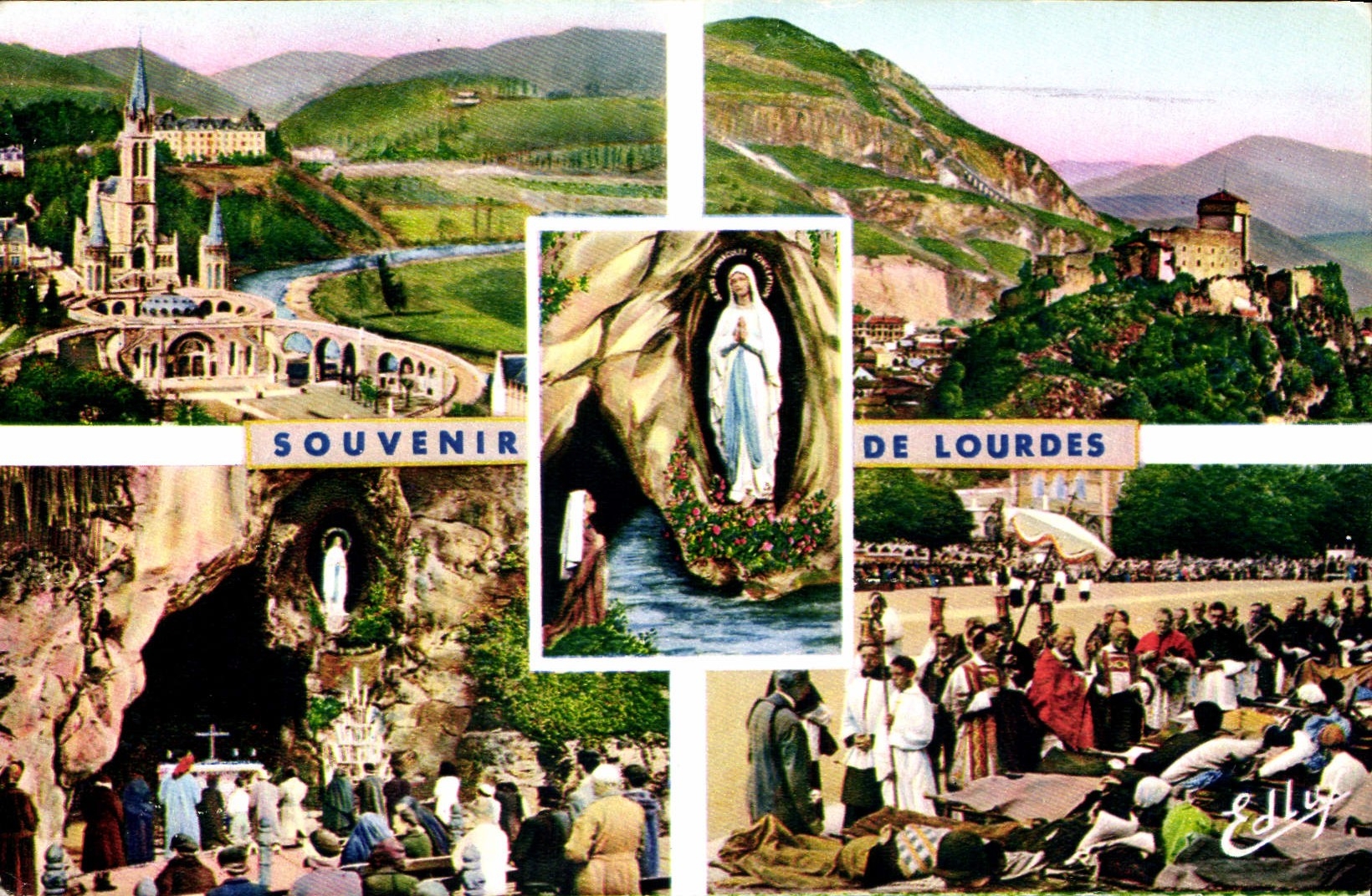 CPA Souvenir de Lourdes La Basilique la Grotte le Chateau Fort la Benediction des Malades et l'Appar