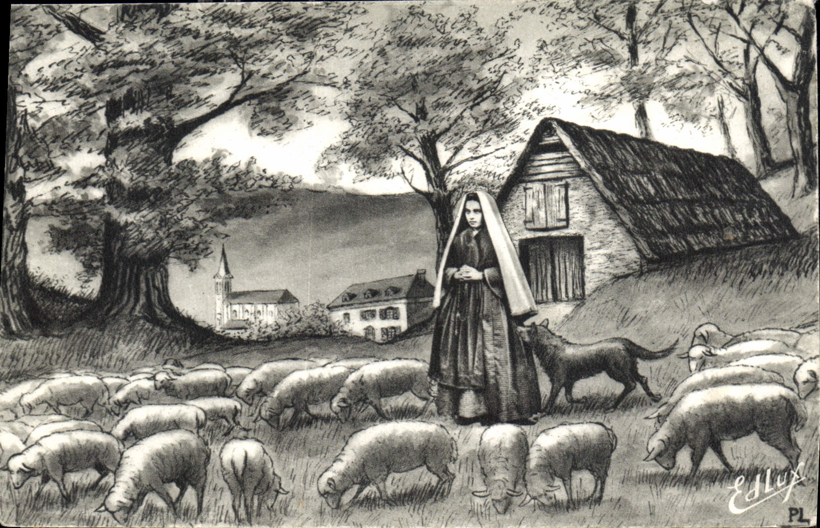 CPA Lourdes a Bartres Bernadette fut bergere la voici pres de sa bergerie au fond la maison Lagues o