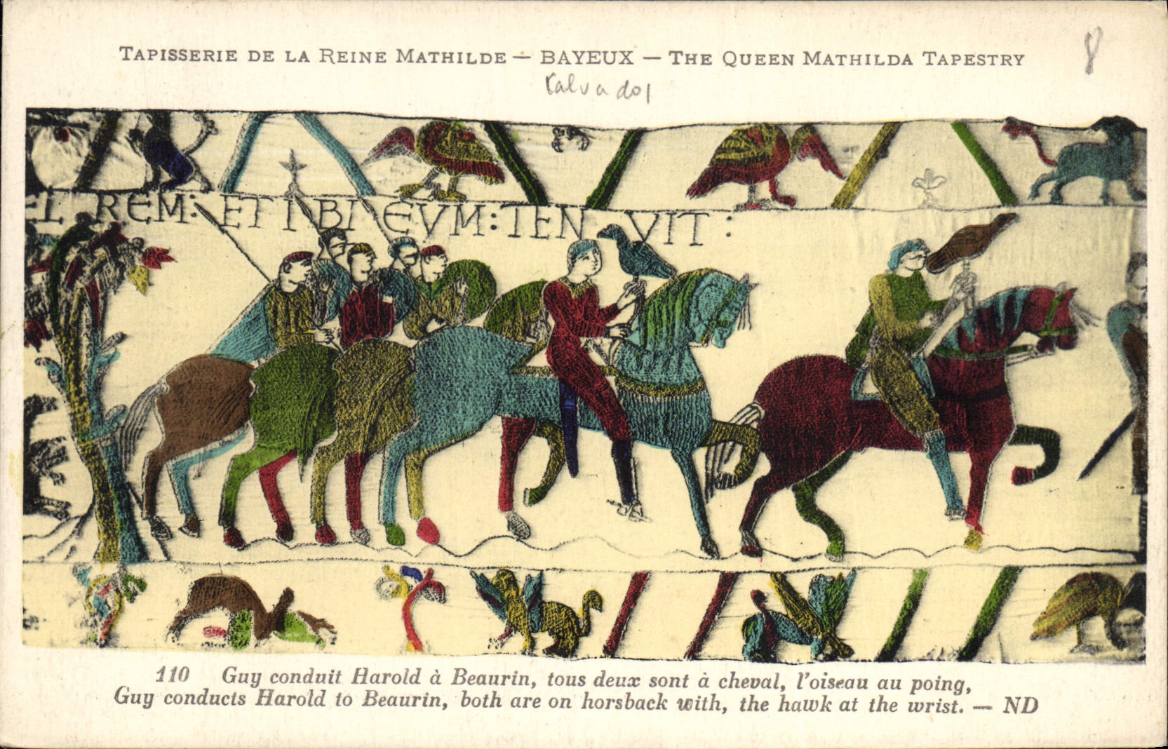 CPA Tapisserie de la Reine Mathilde Bayeux Guy conduit Harold a Beaurin tous deux sont a cheval l'oi