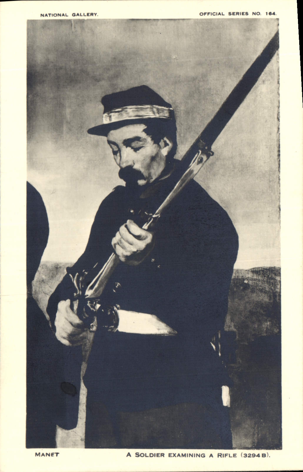 CPA Manet a soldier examining a rifle 
