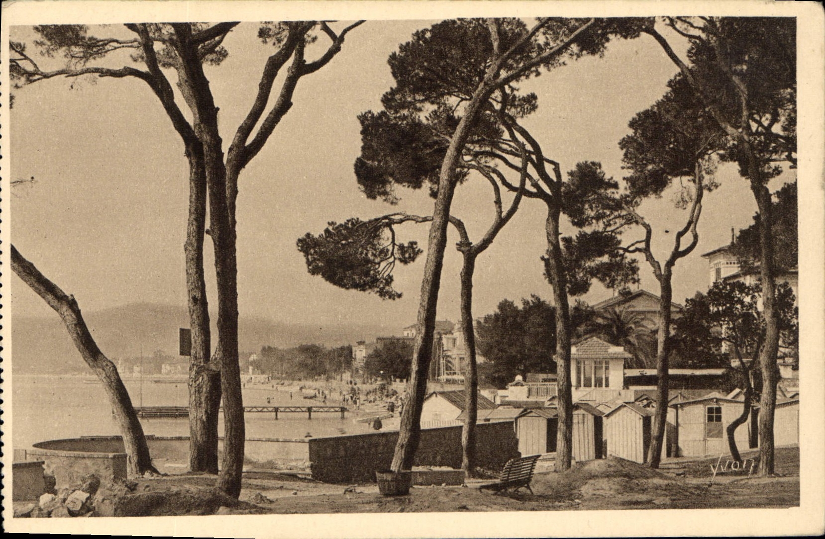 CPA La Douce France Cote d'Azur Juan les Pins Alpes Maritimes La Plage vue a travers les Pins 
