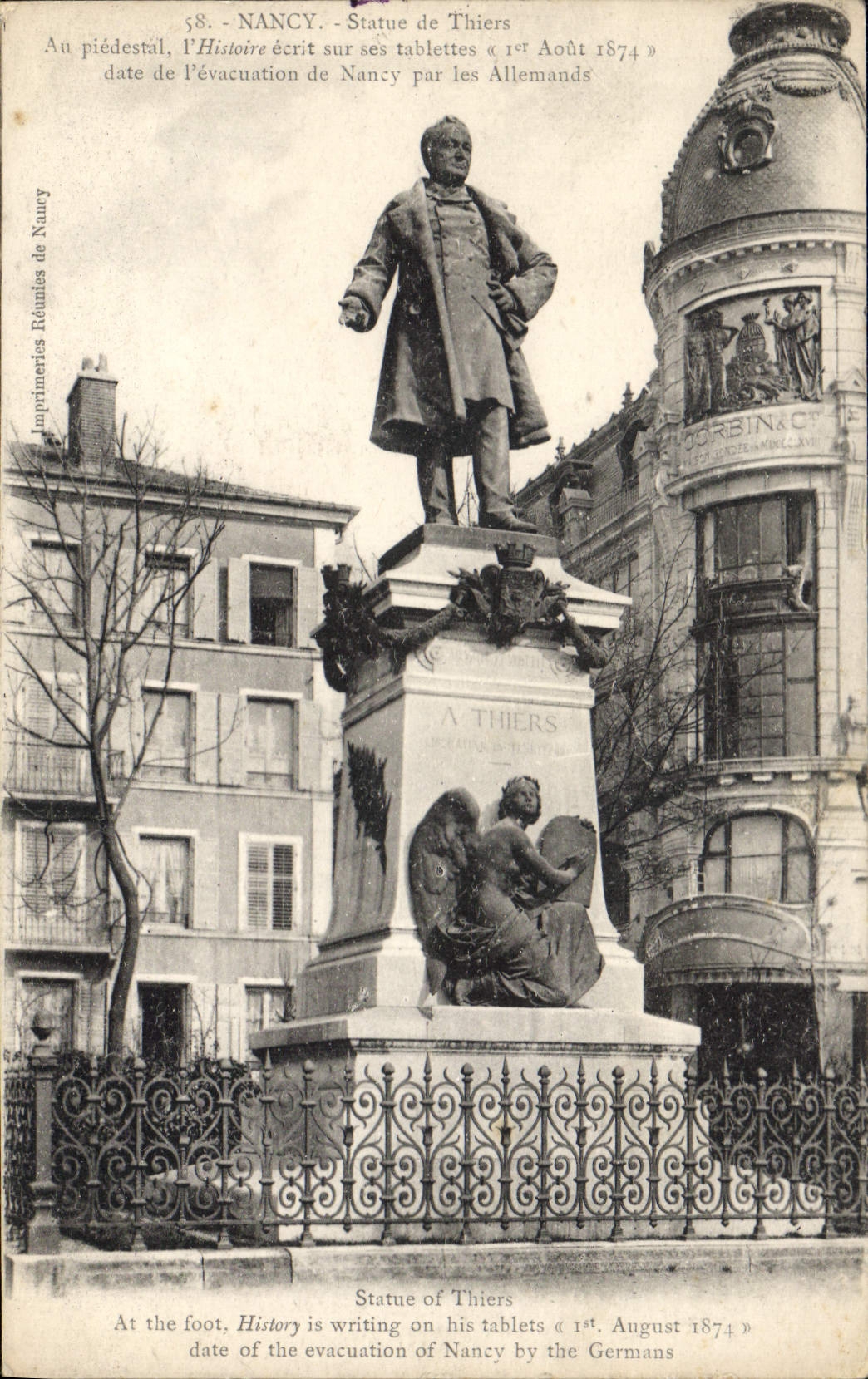 CPA La Lorraine illustree Nancy Statue de Thiers au piedestal l'Histoire ecrit sur ses tablettes 1er