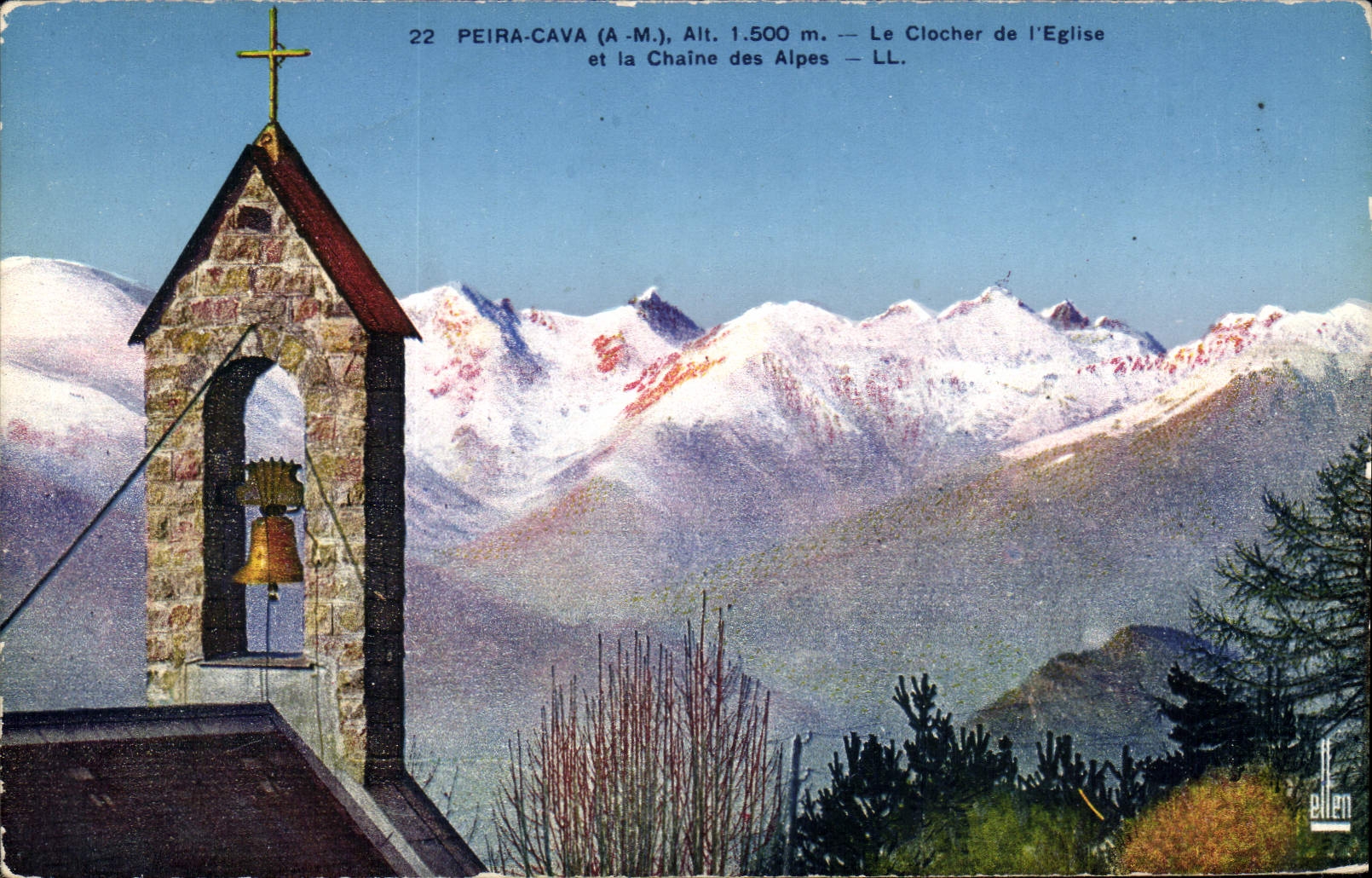 CPA Peira Cava A M Le Clocher de l'Eglise et la Chaine des Alpes 