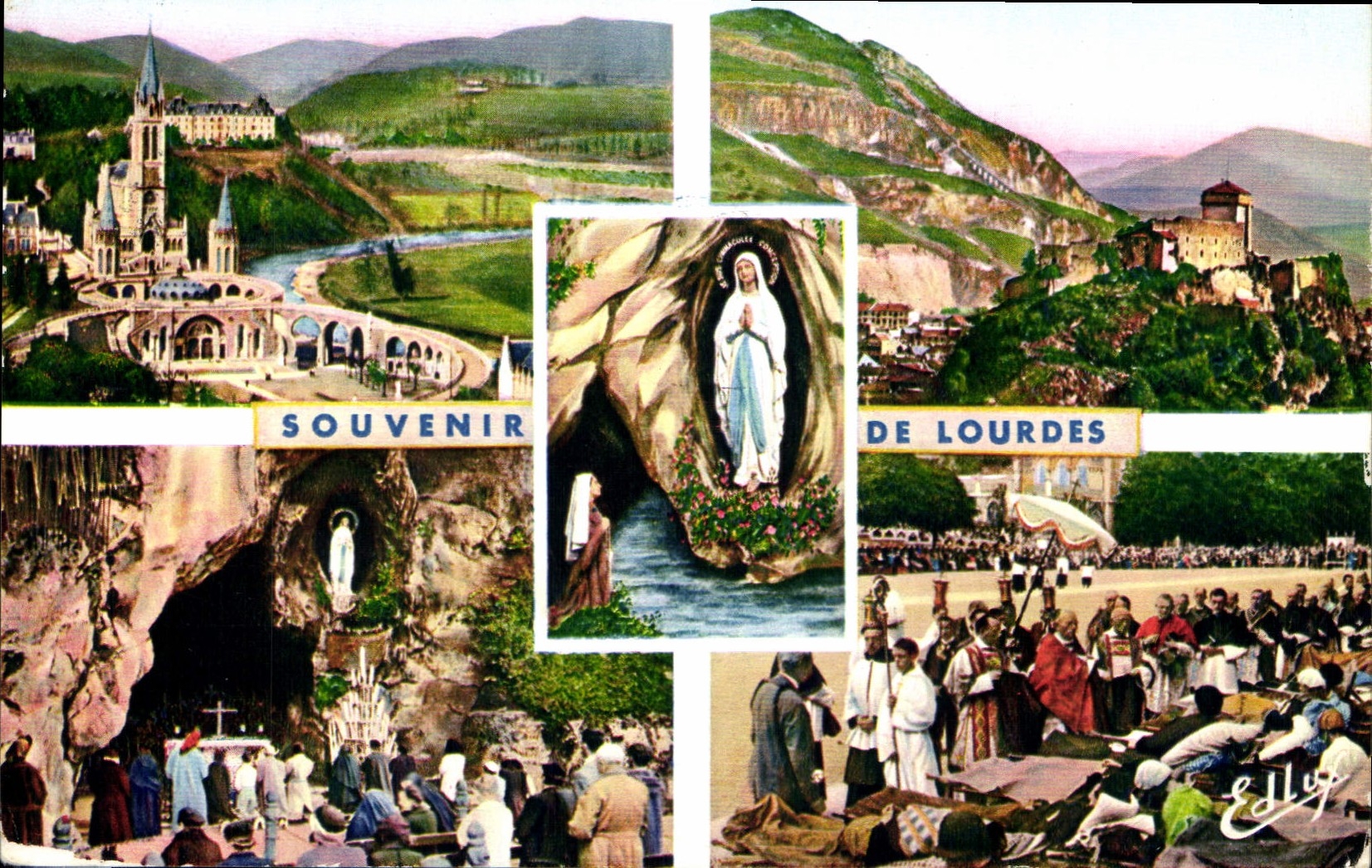 CPA Lourdes La Basilique la Grotte le Chateau Fort la Benediction des Malades et l'Apparition 