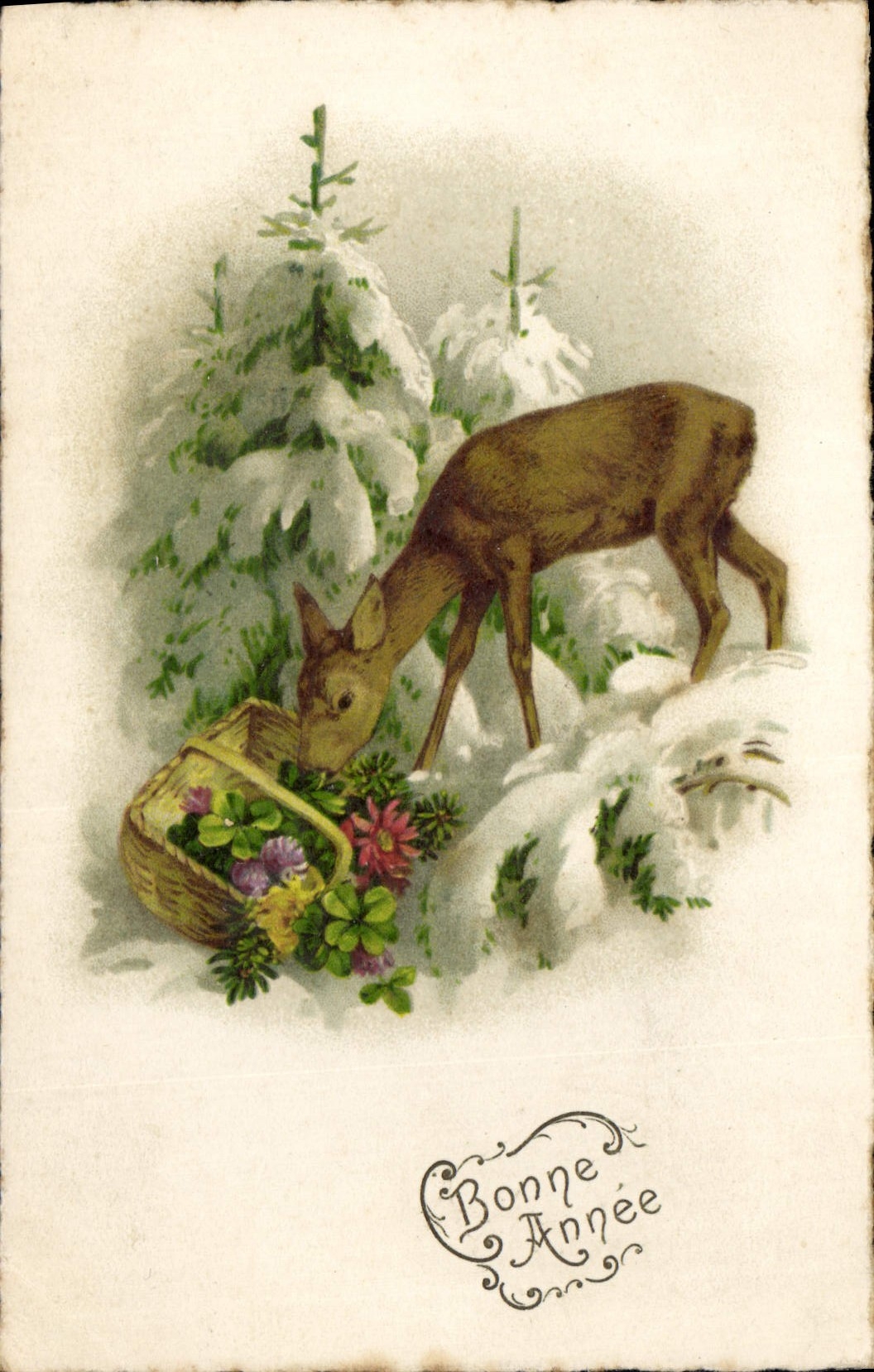 CPA Bonne Annee Biche Fleurs