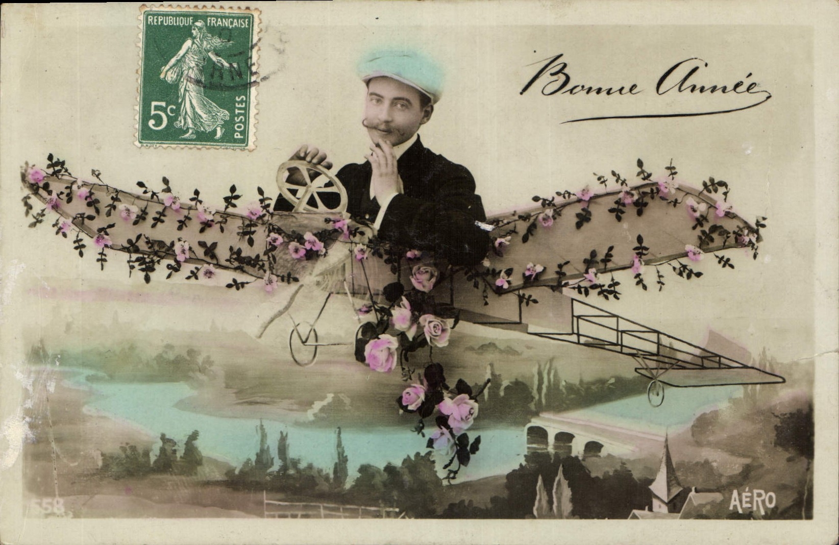CPA Bonne Annee Homme Avion Aviation