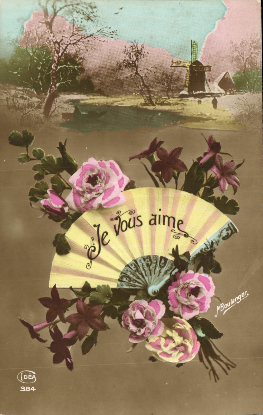 CPA Je Vous aime Fleurs Eventail