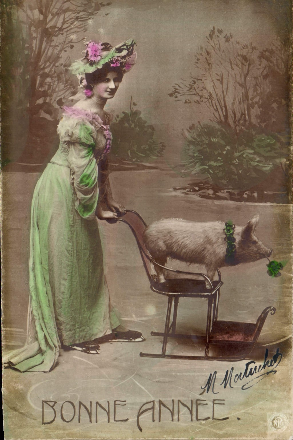 CPA Bonne Annee Femme  cochon Porc