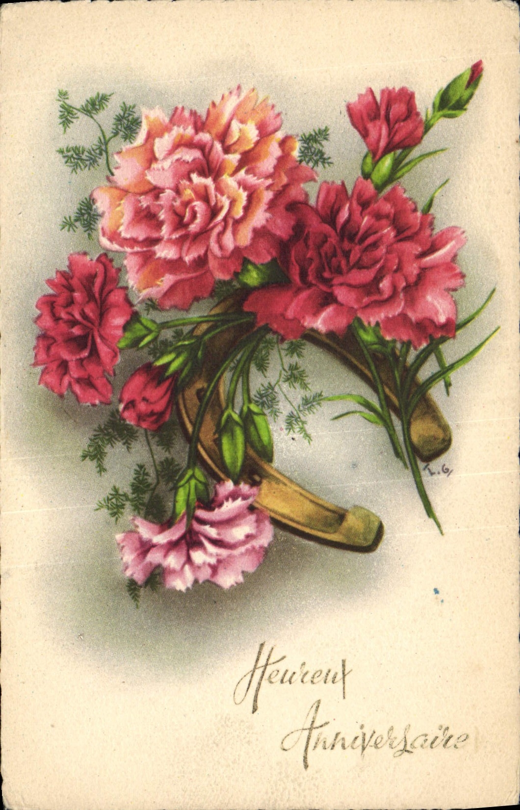 CPA Heureux Anniversaire Fleurs Fer a cheval