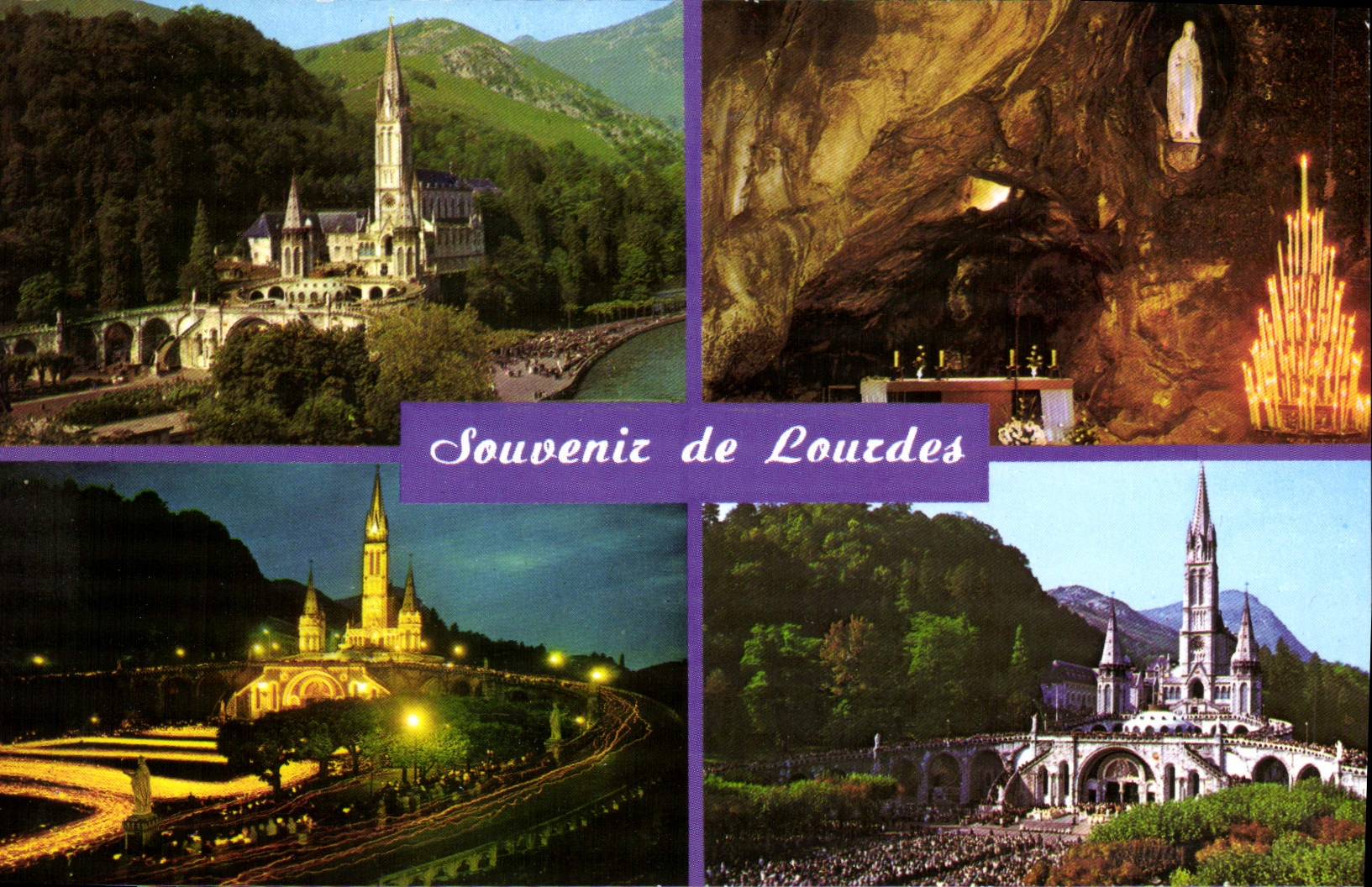 CPA Lourdes Hautes Pyrenees La Basilique et le Pont La Grotte La Procession aux Flambeaux La Basiliq