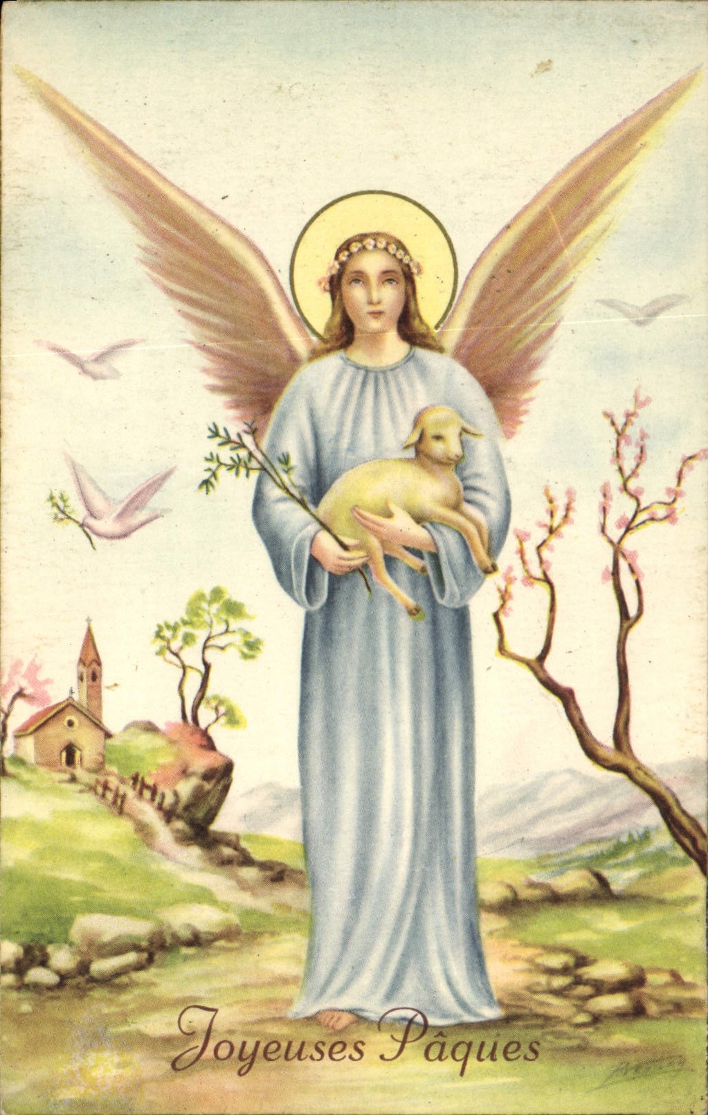CPA Joyeuses Paques Ange Agneau