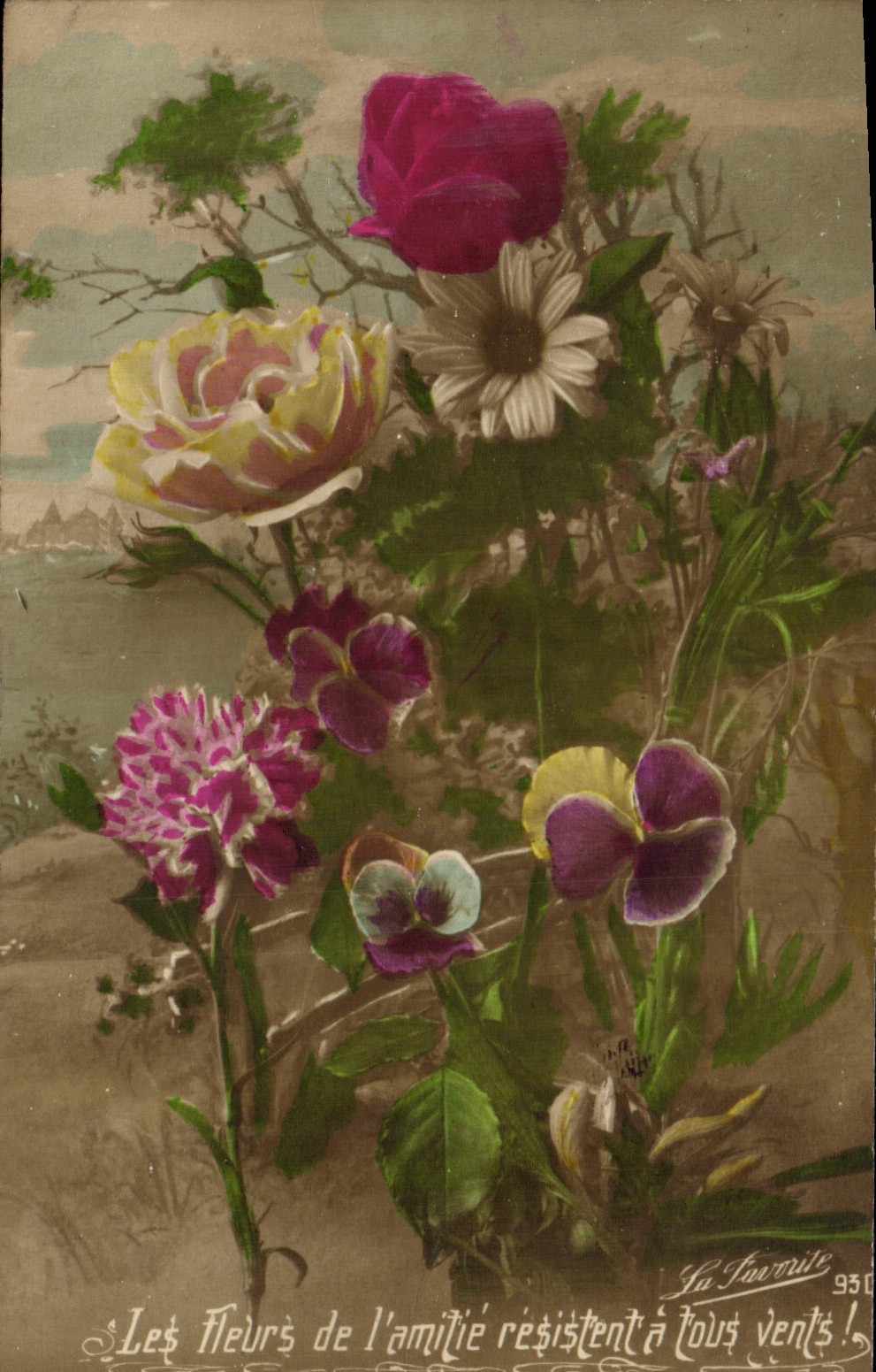 CPA Les fleurs de l'amitie resistent a tous vents Fleurs