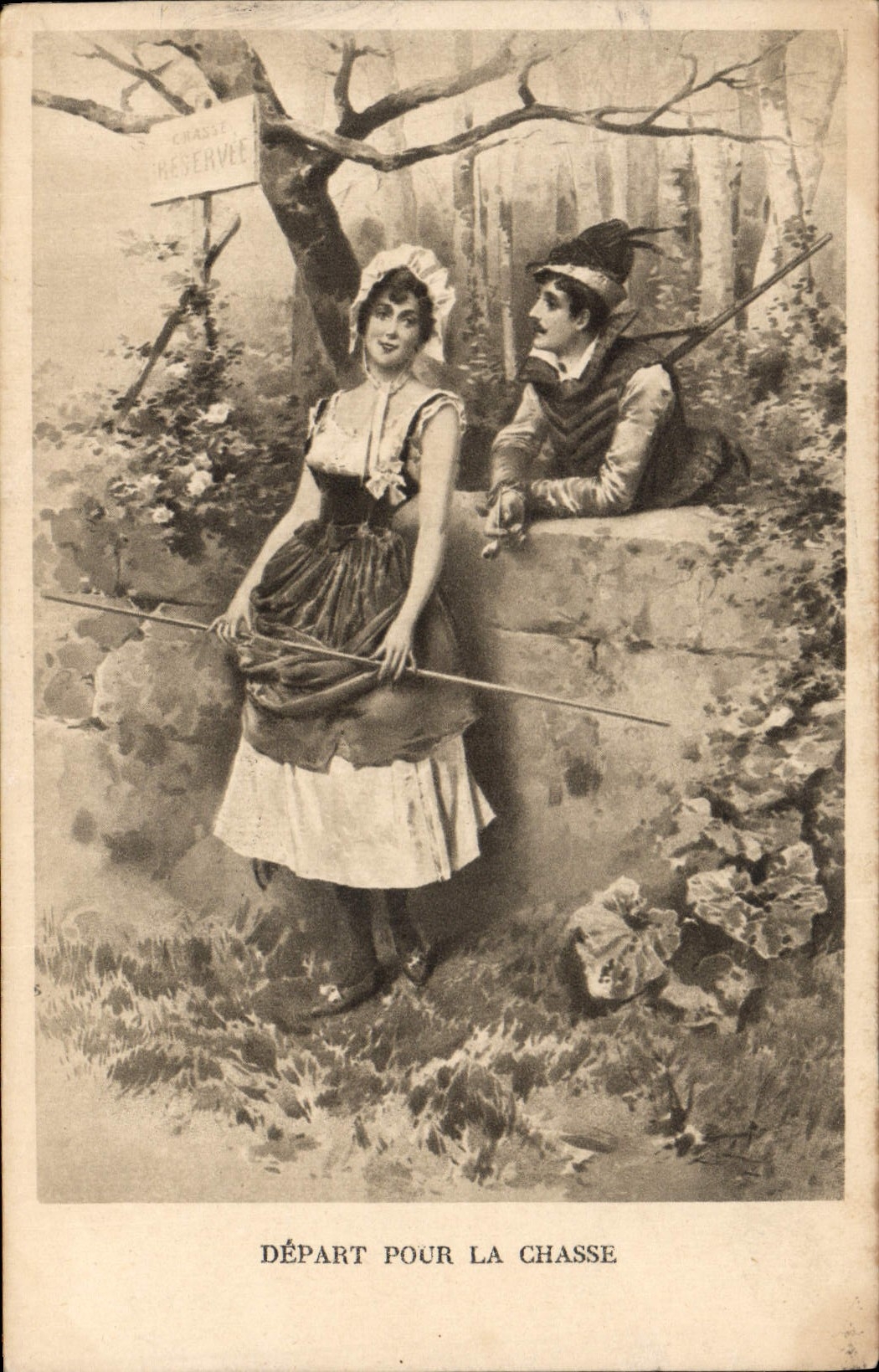CPA Depart Pour la Chasse Femme