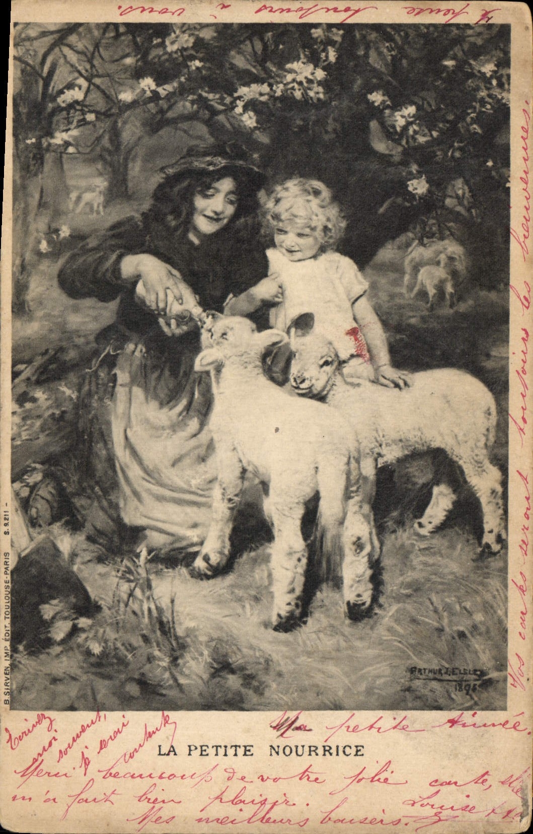 CPA La Petite Nourrice Enfant Agneau