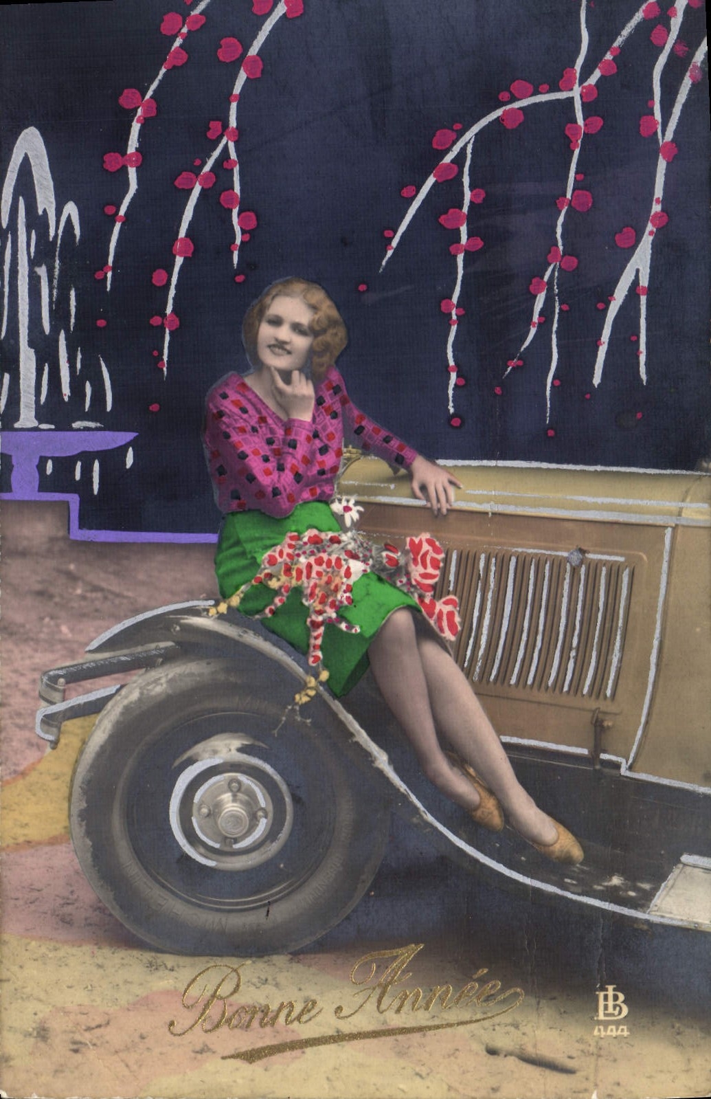 CPA Bonne Annee Femme Automobile