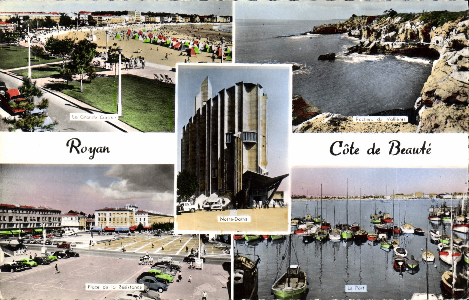 CPA Royan Cote de Beaute La grande conche Place de la Resistance Rochers de Vallieres Le port Bateau
