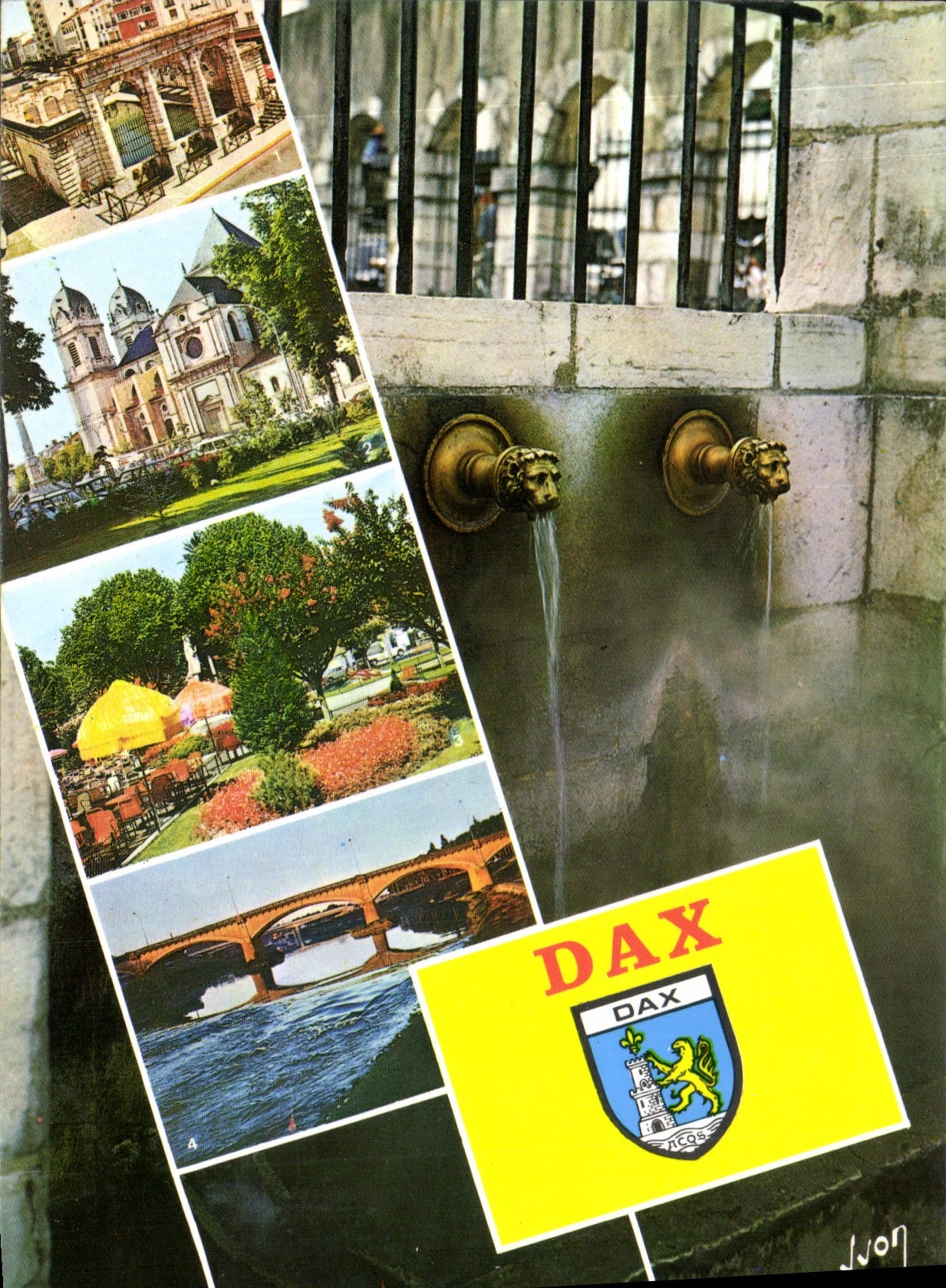 CPM Dax Landes la Fontaine Chaude Captee par les Romains la Cathedrale XII siecle la place Thiers L'