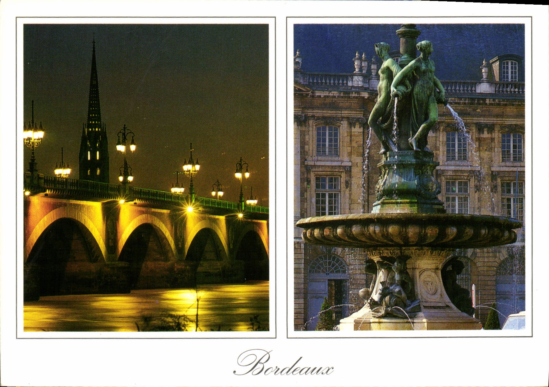 CPM Bordeaux le Pont de Pierre et la Fleche St Mchel la nuit a droite la Fontaine des 3 graces place