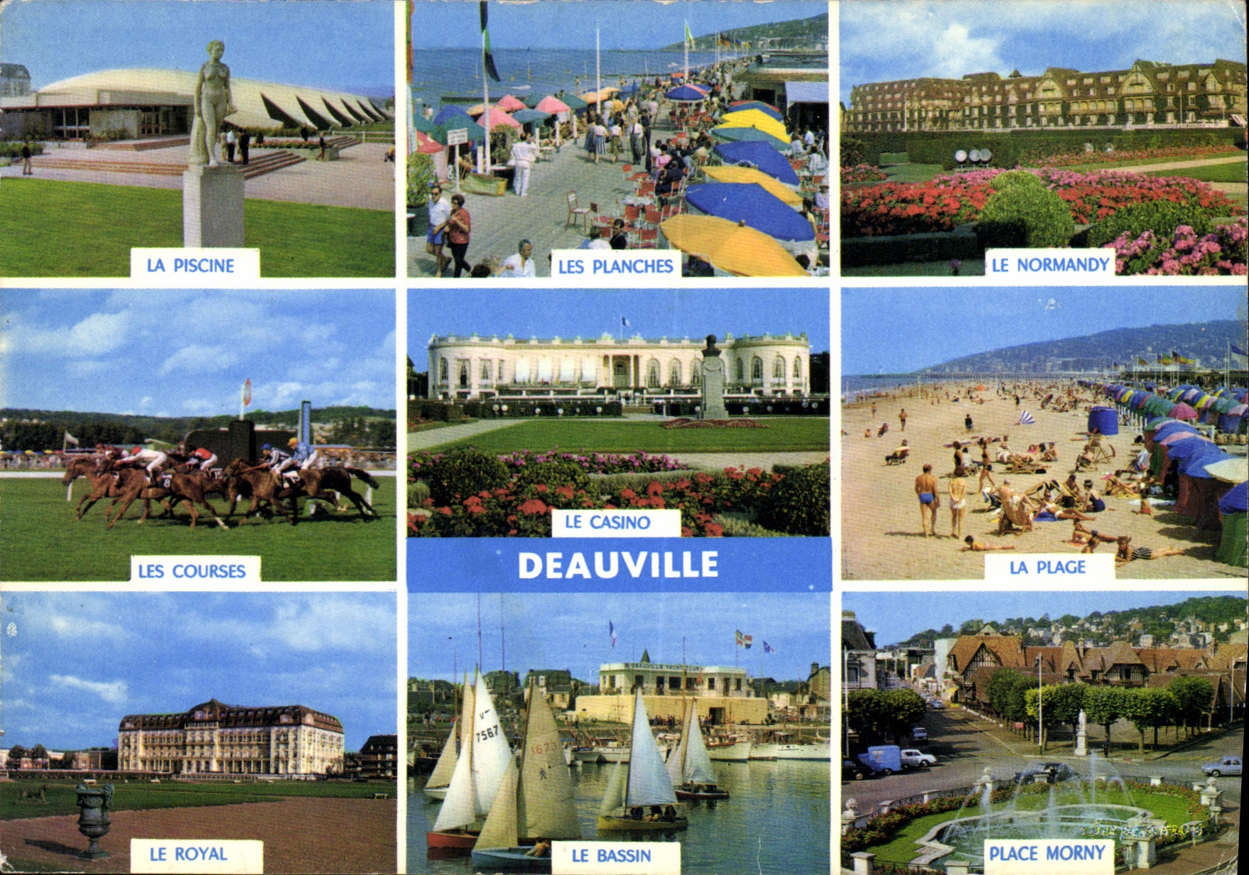 CPM Deauville Calvados La piscine Les planches Le Normandu Les courses Chevaux Place Morny Bateaux