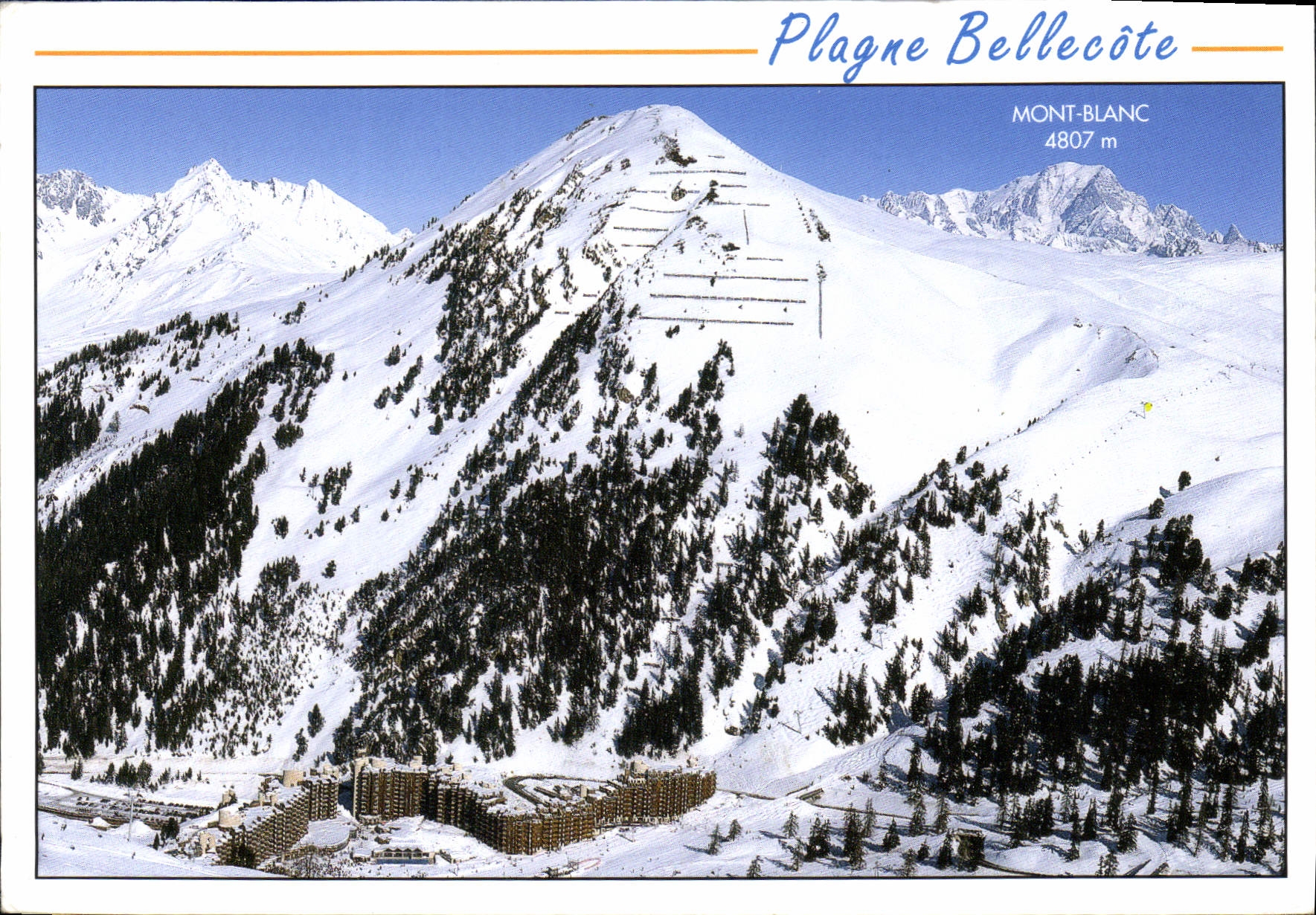 CPM La Plagne Bellecote Savoie Vue generale sur la station en fonds le Mt Blanc