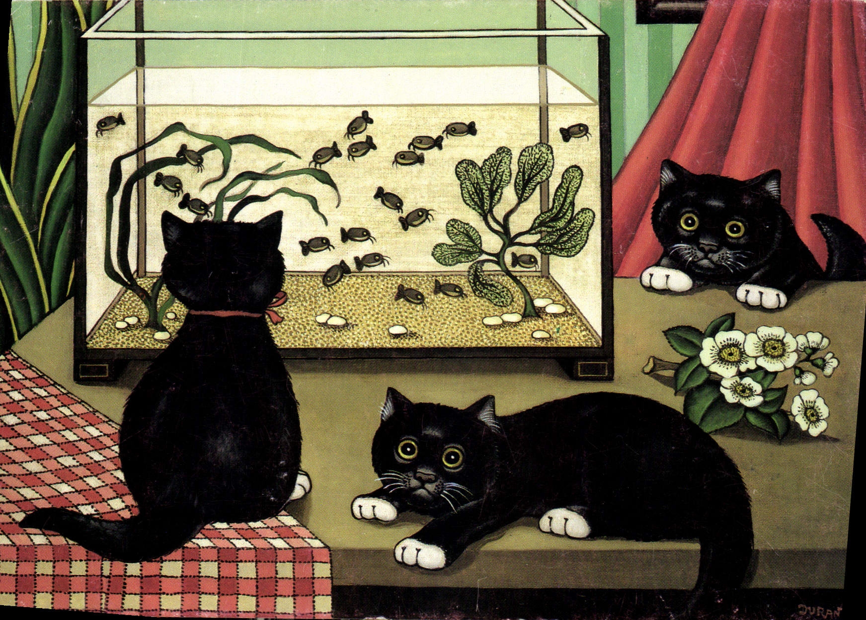 CPM Andre Duranton 3 chats a l'aquarium 1987 Galerie Naivart Chat Chaton