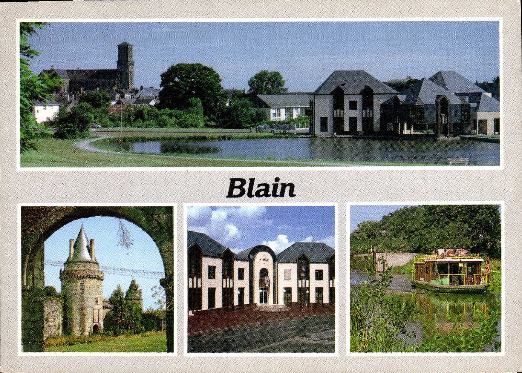 CPM Bain Loire Atl vue generale l'Eglise et la Mairie canal de Nantes a Brest Chateau de la Groulaie