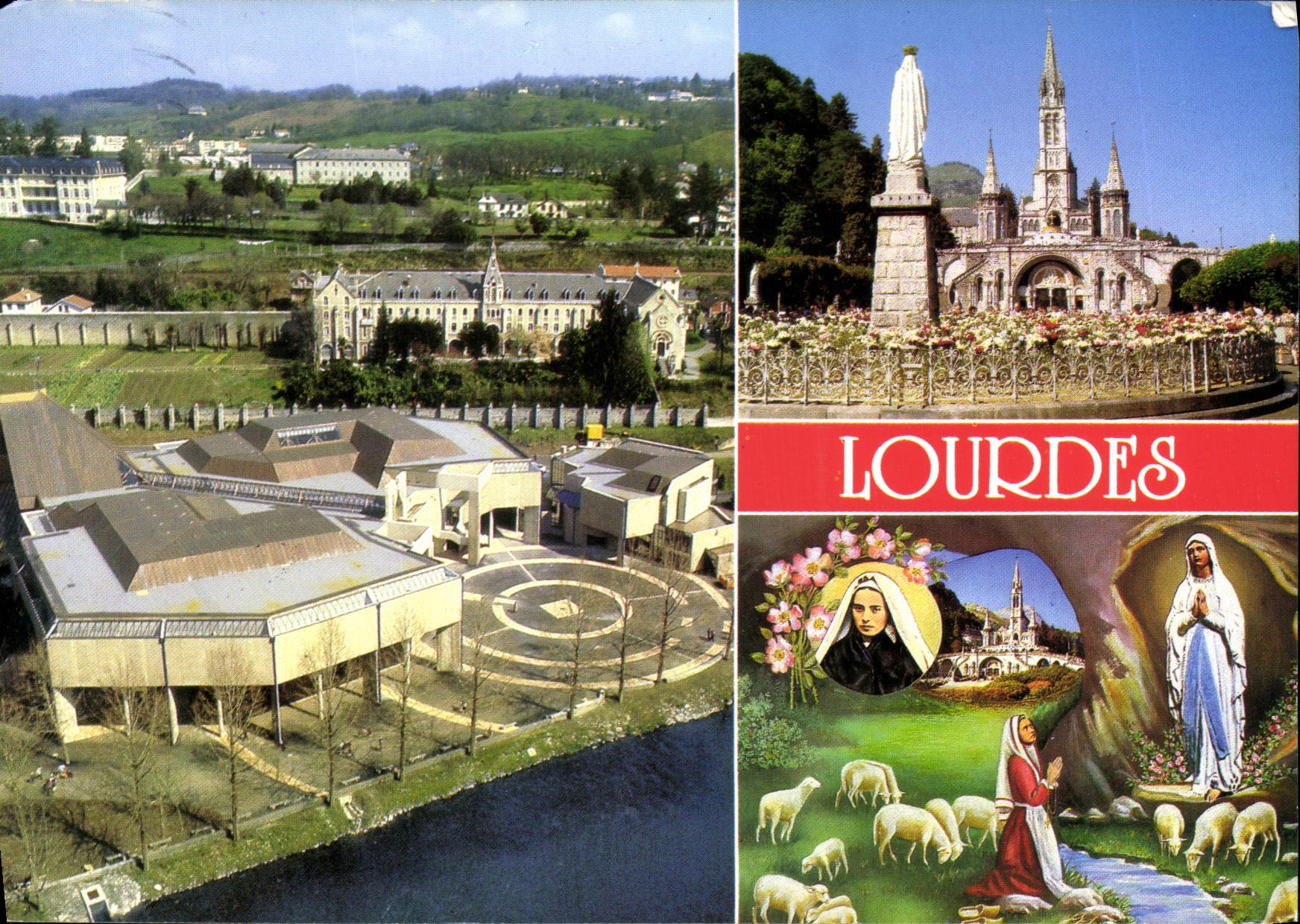 CPM Lourdes L'Eglise Ste Bernadette La Basilique et la Vierge couronnee 