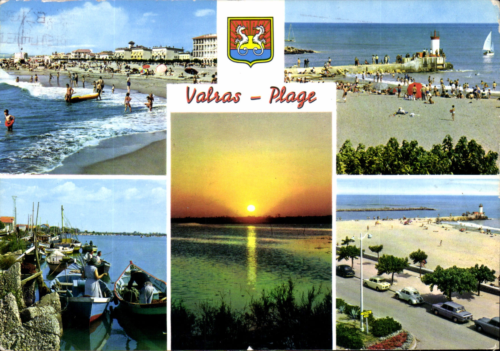 CPM Valras Plage Herault la plage et le phare l'Orb la Jetee coucher de Soleil Boulevard