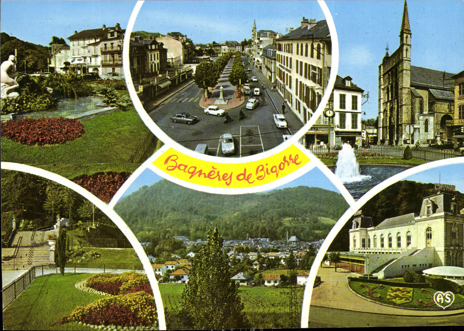 CPM Bagneres de Bigorre Hautes Pyrenees Jardins des Thermes Allees des Coustous Eglise St Vincent Vu