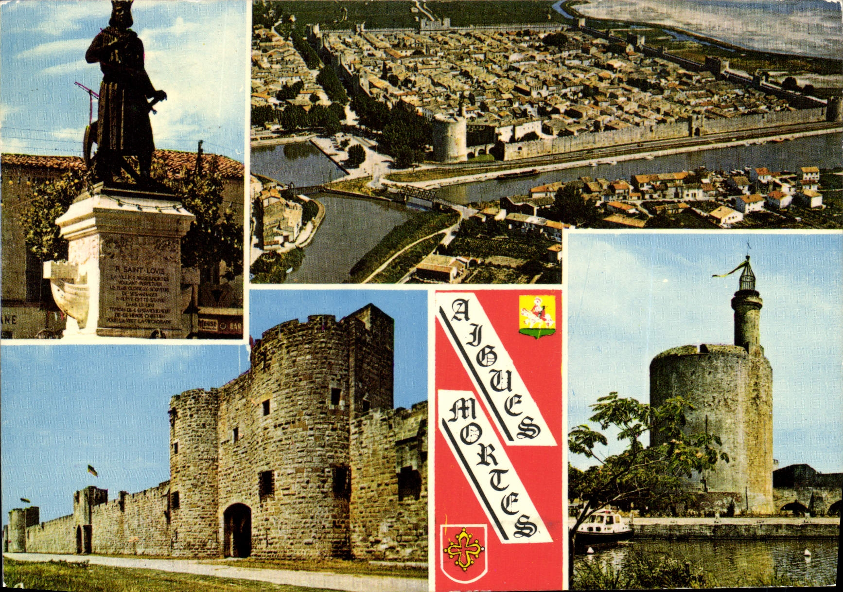 CPM Aigues Mortes Gard la Cite de Saint Louis la Statue de Saint Louis vue par avion les Remparts la