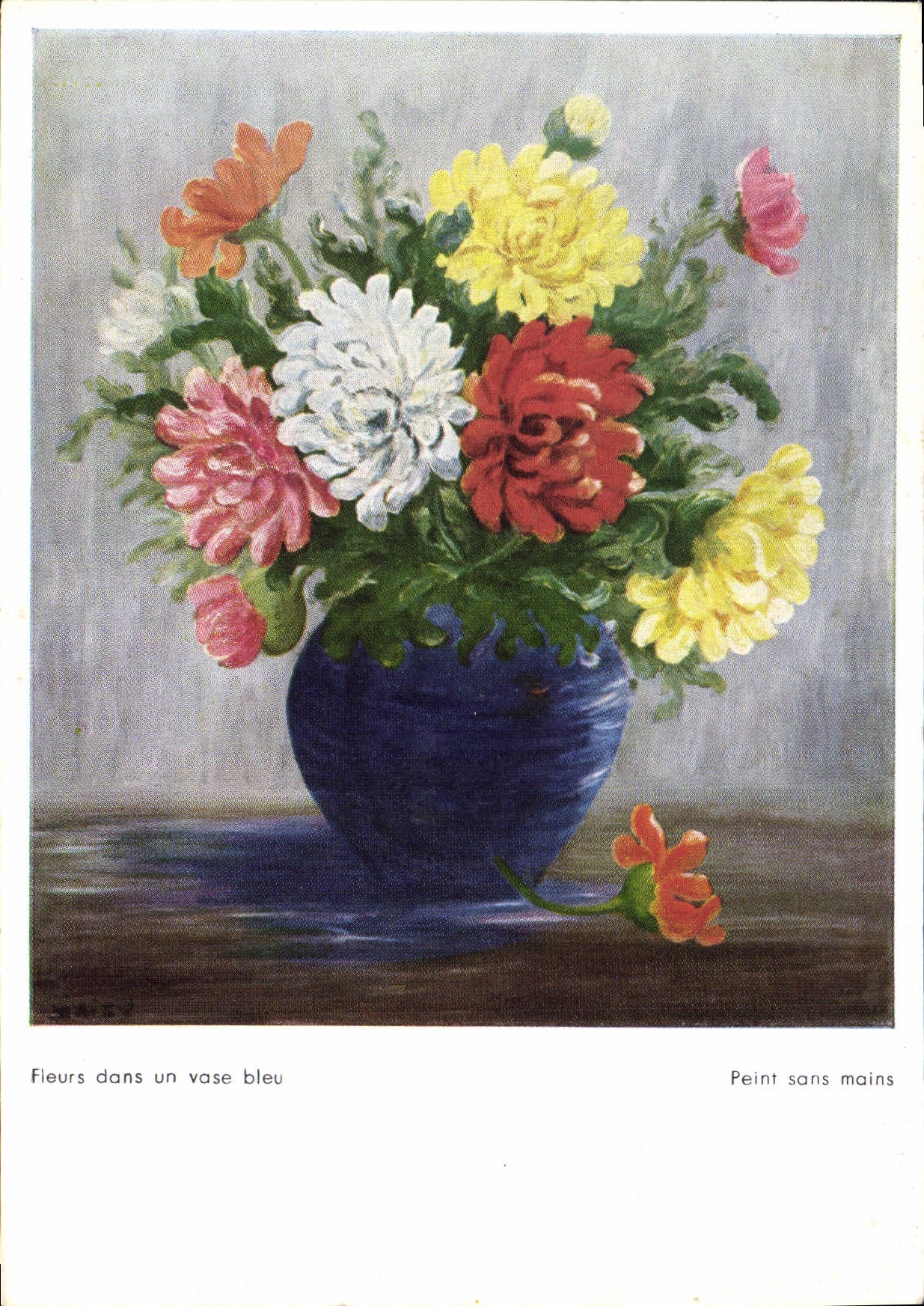 CPM Fleurs dans un vase bleu d'apres un original peint sans mains de Daisy 