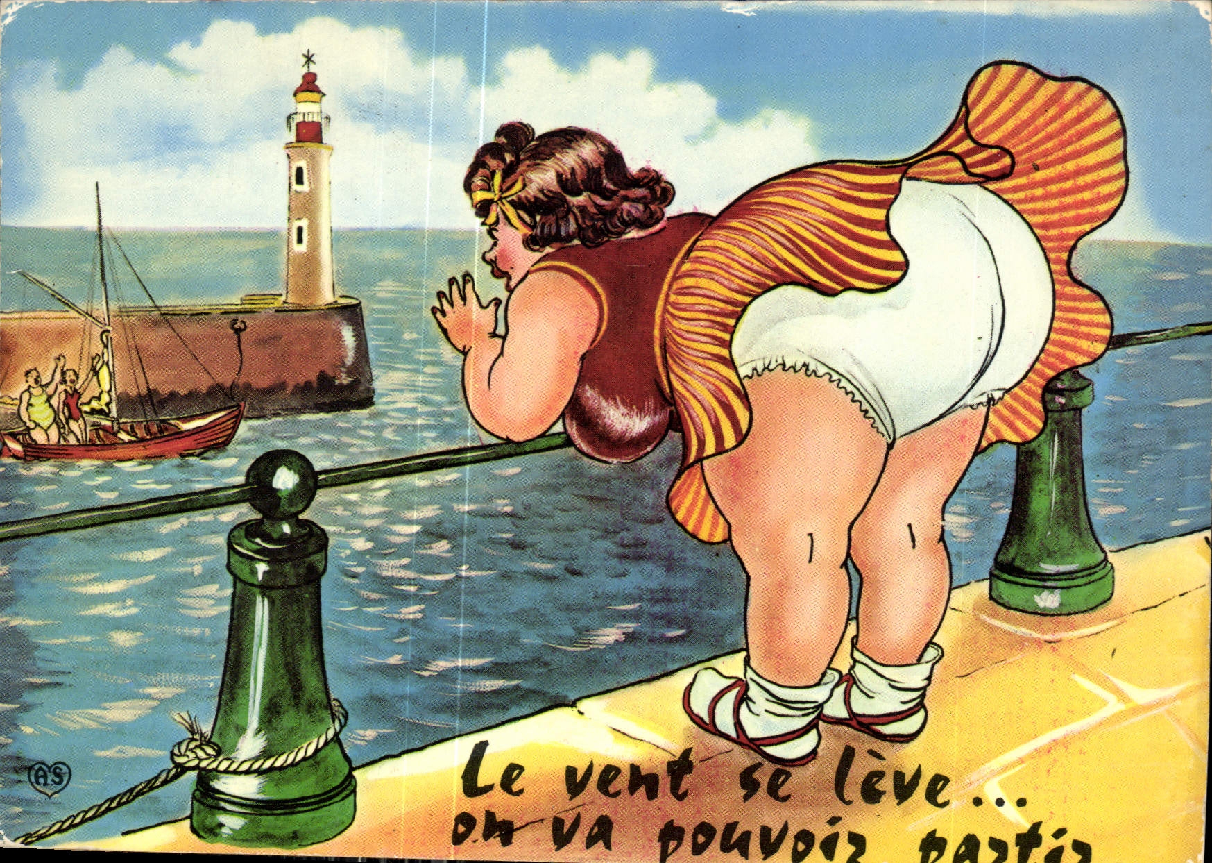 CPM Color Plage je sens le Vent qui se leve on va bientot pouvoir partir Phare