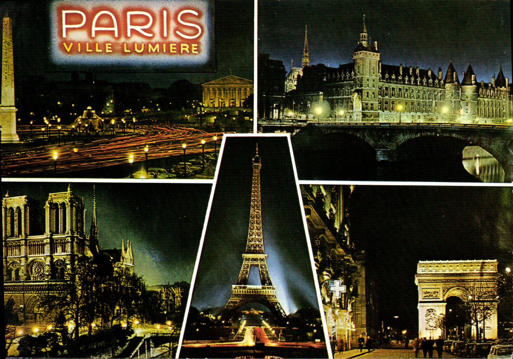 CPM Paris la nuit Place de la Concorde la Conciergerie la Cathedrale Notre Dame de Paris la Tour Eif