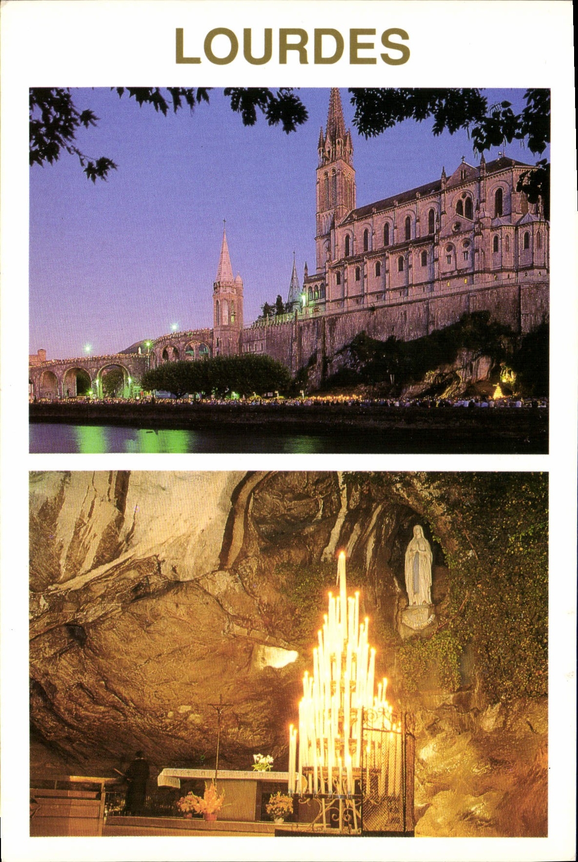 CPM Souvenirs de Lourdes La Basilique le soir La Grotte le soir 