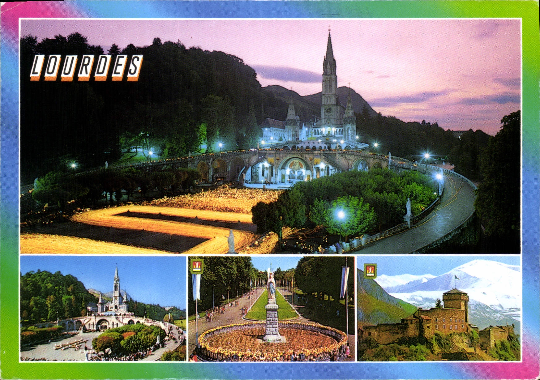 CPM Lourdes La Basilique Illuminee et la Procession aux falmbeaux