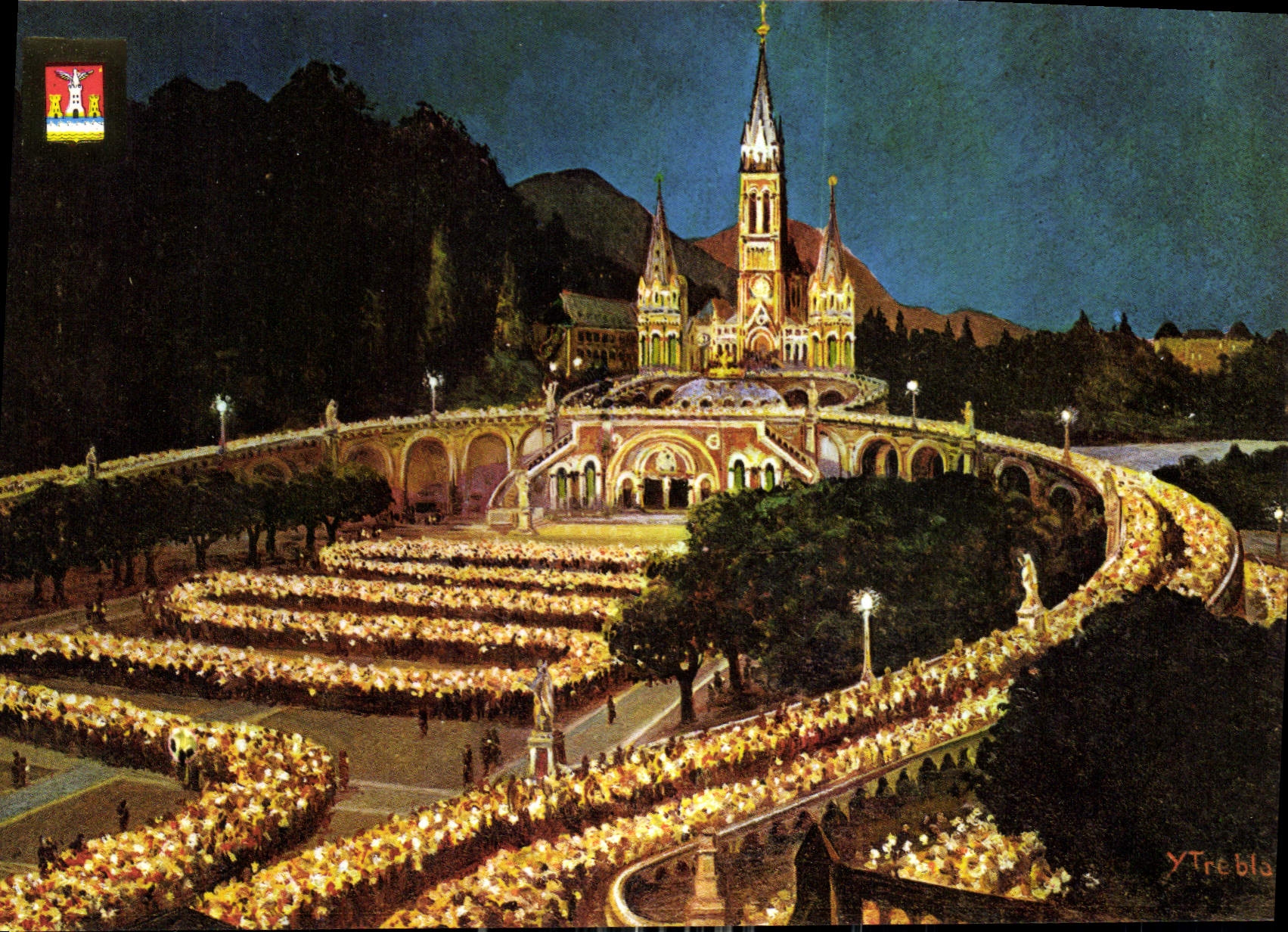 CPM Lourdes La Basilique illuminee et le Procession aux flambeaux 