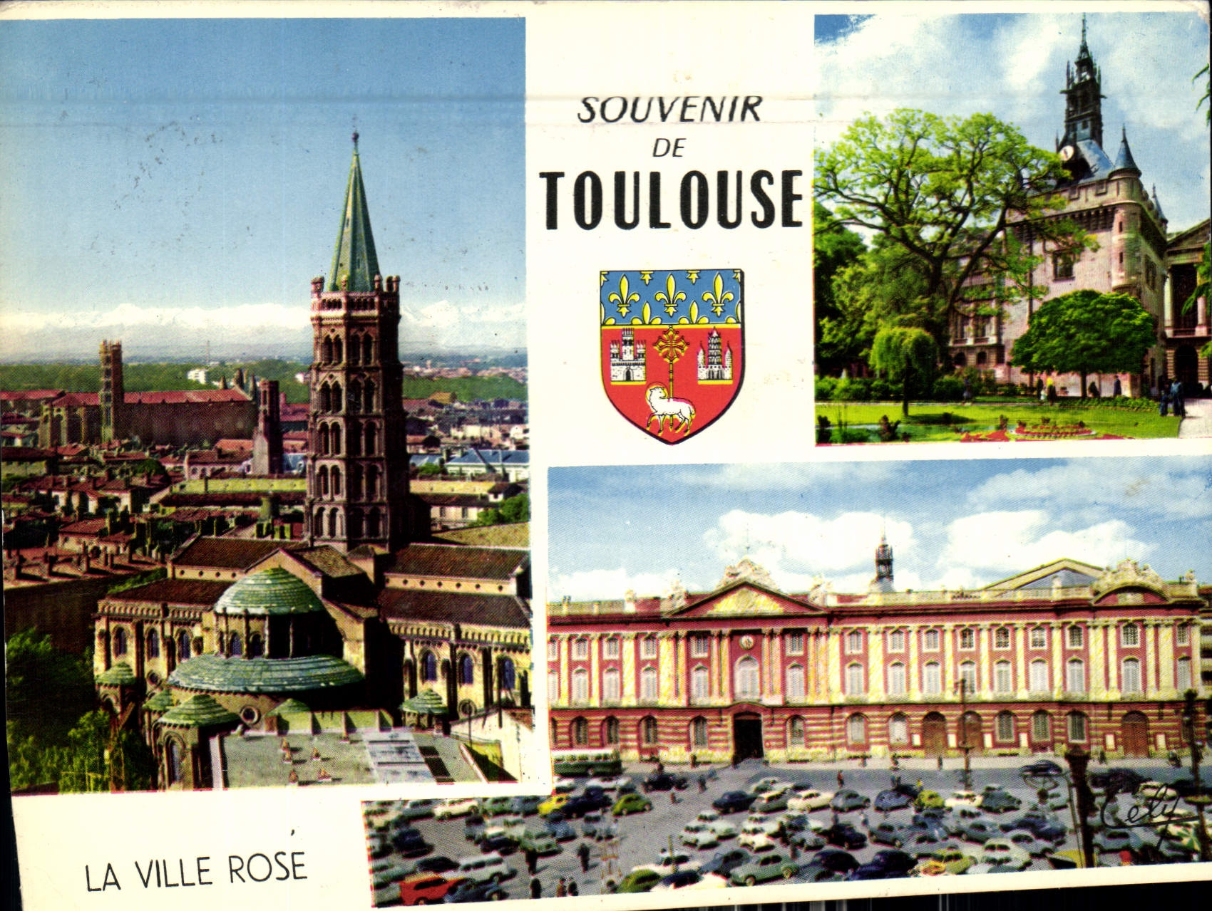 CPM Basilique Saint Sernin au fond les Pyrenees Donjon du Capitole Place du Capitole