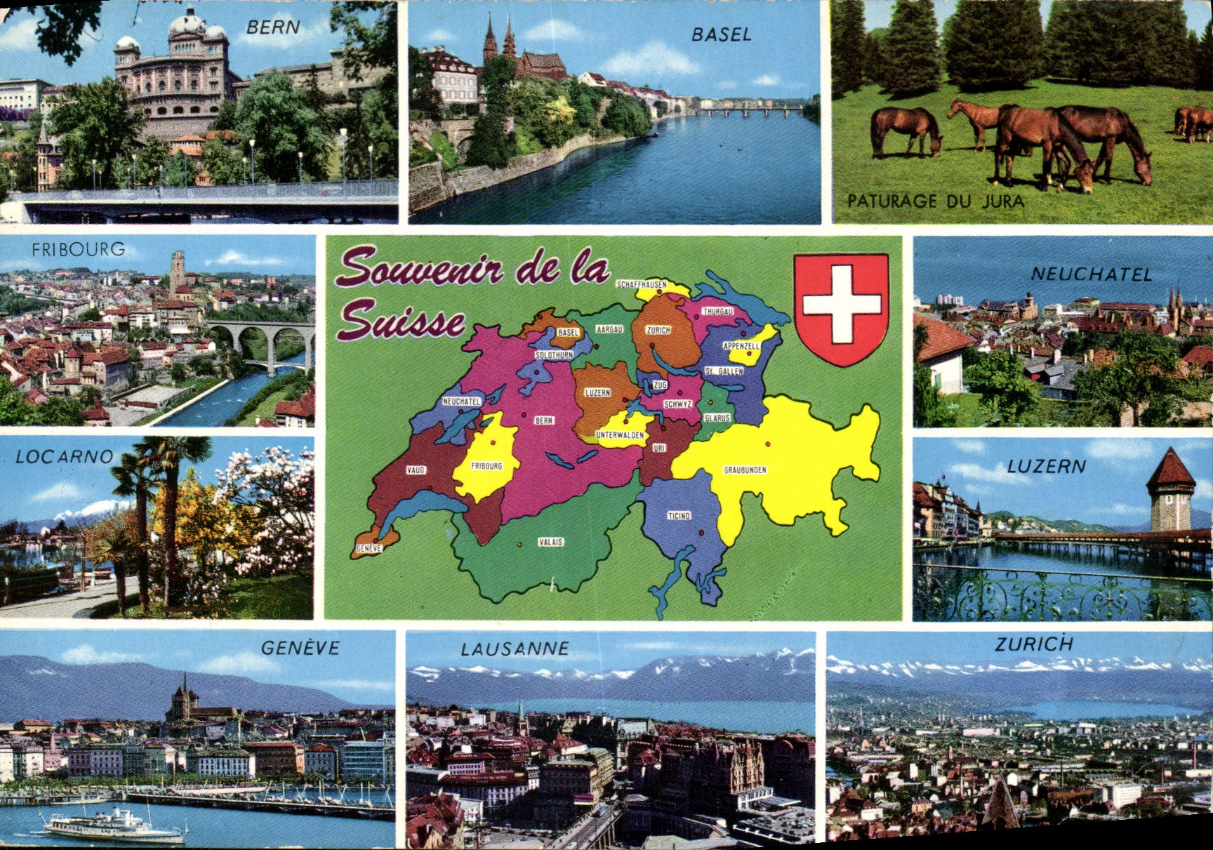 CPM Souvenir de la Suisse Bern Basel Paturage du Jura Fribourg Locarino Geneve Lausanne Zurich Luzer